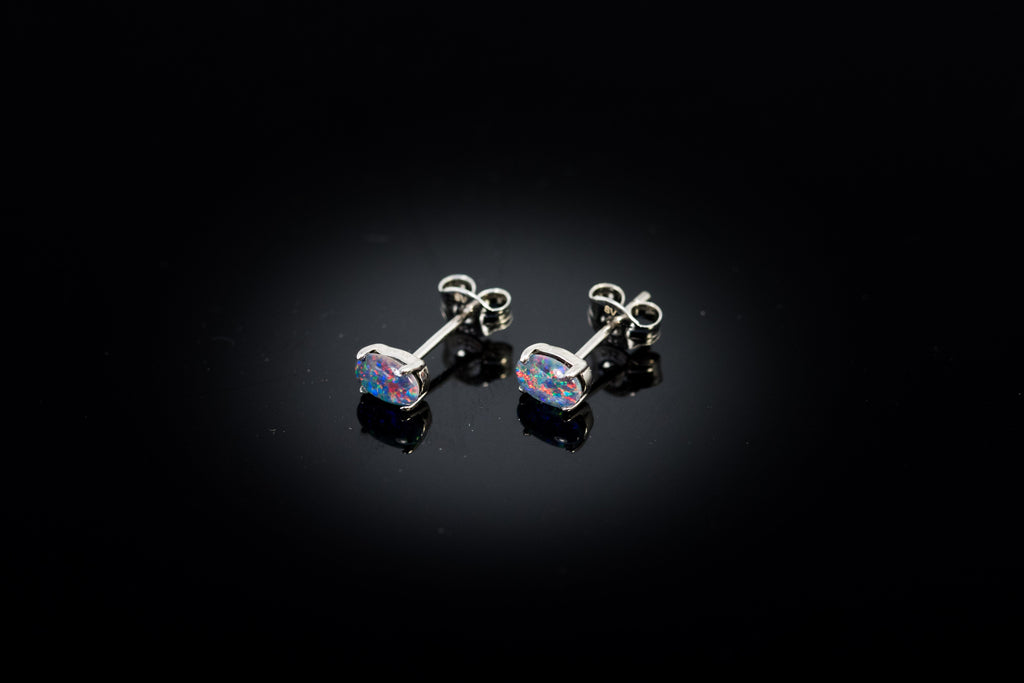 Dainty Australian Triplet Opal Earrings - Multi Color Fire Opal - Genuine Australian Triplet Opal Earrings in Sterling Silver White Gold Plated