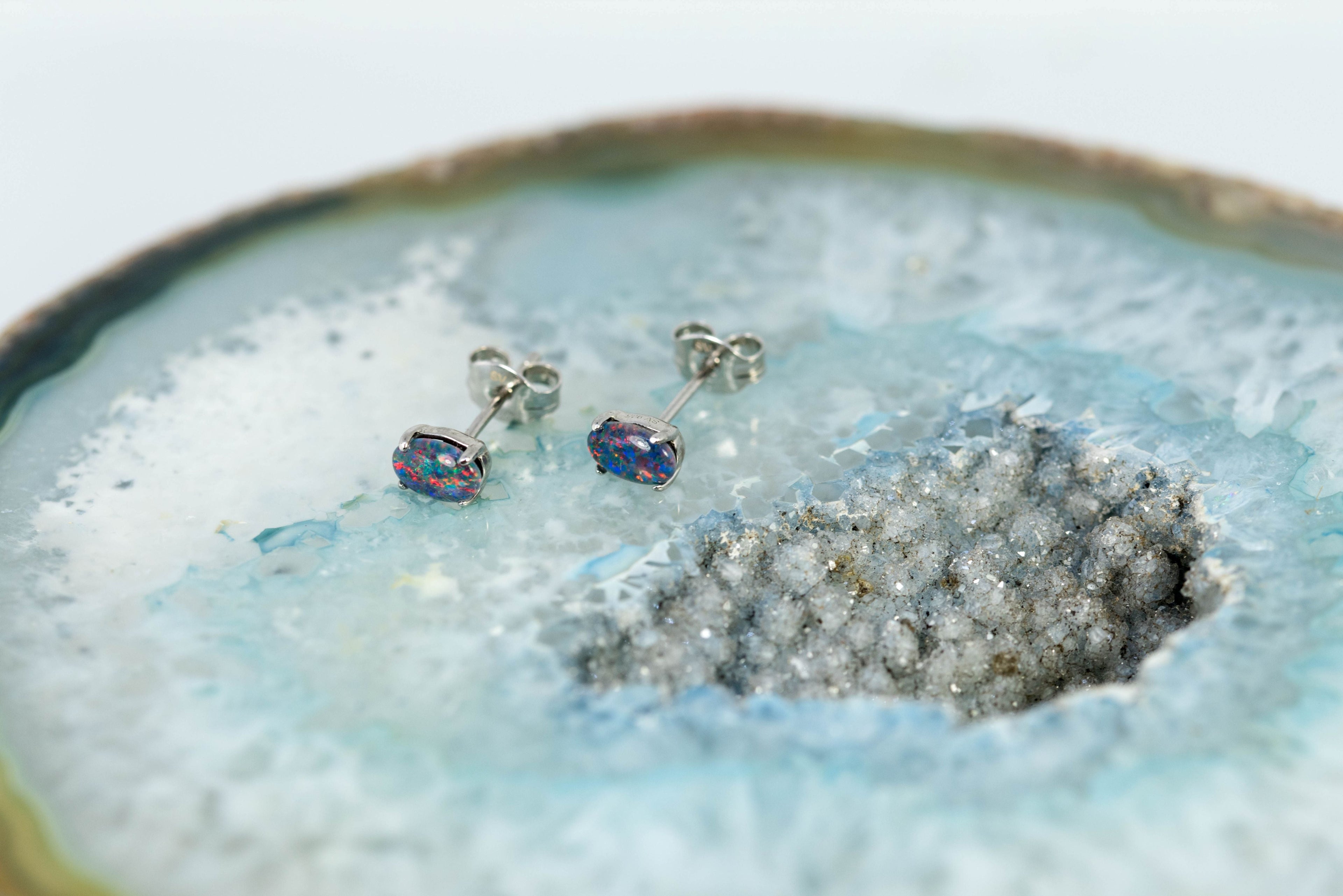 Dainty Australian Triplet Opal Earrings - Multi Color Fire Opal - Genuine Australian Triplet Opal Earrings in Sterling Silver White Gold Plated