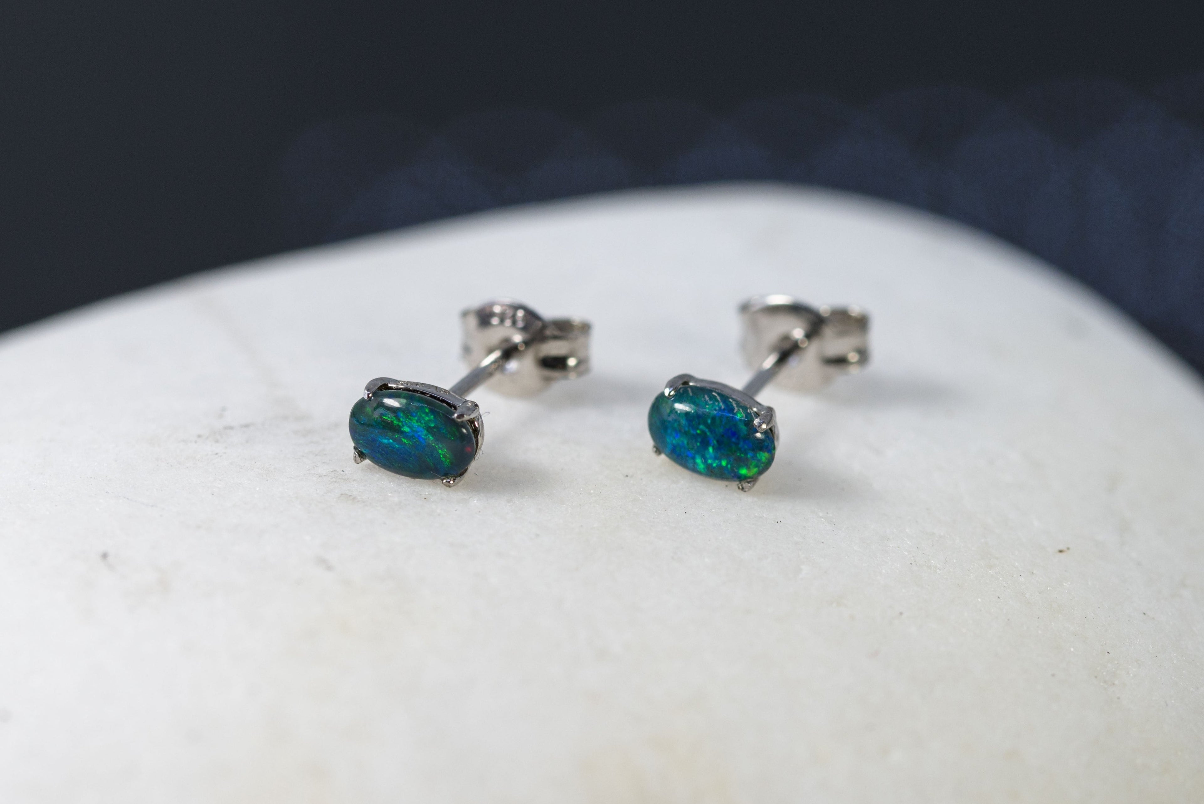 Australian Triplet Opal Earrings - Green Blue Simple Design Opal - Genuine Australian Triplet Opal Earrings in Sterling Silver White Gold Plated