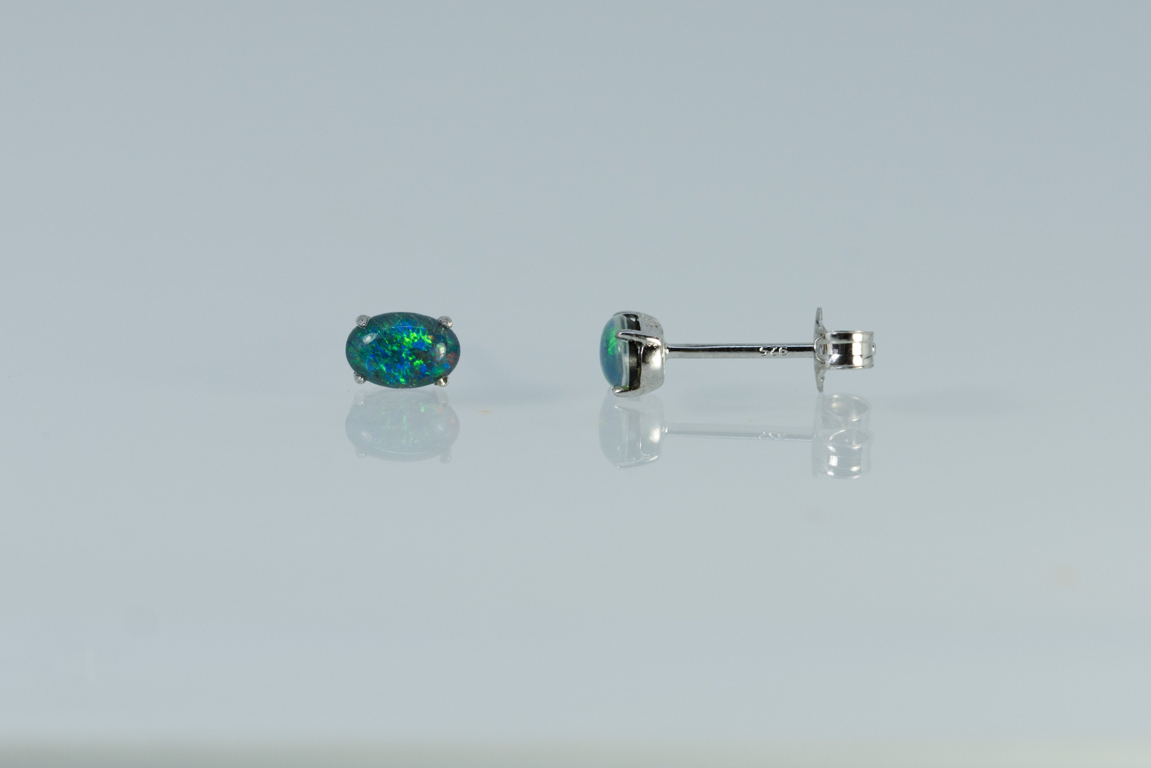 Dainty Australian Triplet Opal Earrings - Green Blue Fire Opal - Genuine Australian Triplet Opal Earrings in Sterling Silver White Gold Plated Simple Design