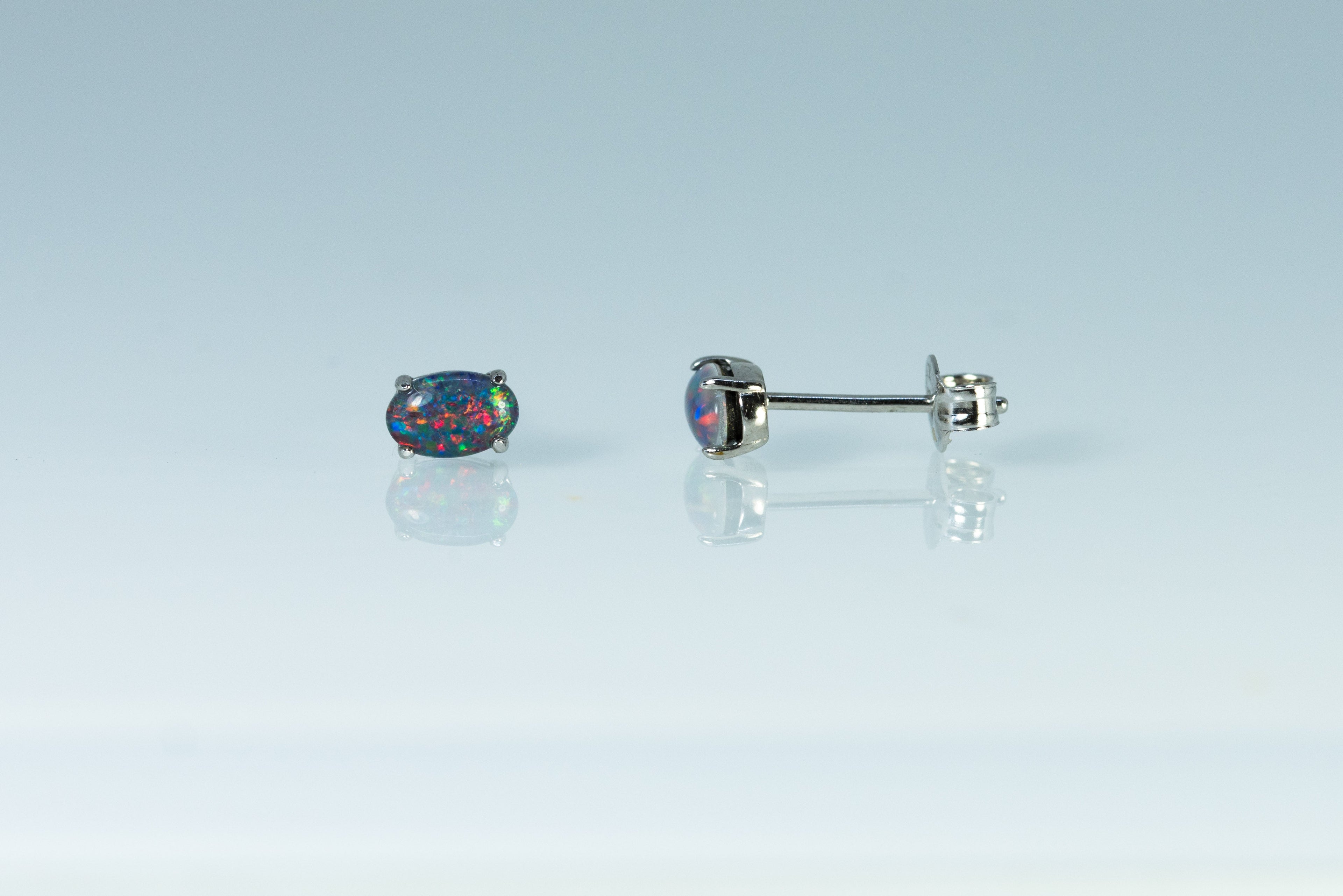 Dainty Australian Triplet Opal Earrings - Multi Color Fire Opal - Genuine Australian Triplet Opal Earrings in Sterling Silver White Gold Plated