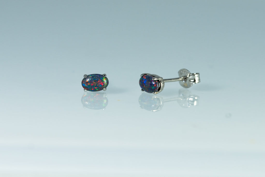 Dainty Australian Triplet Opal Earrings - Multi Color Fire Opal - Genuine Australian Triplet Opal Earrings in Sterling Silver White Gold Plated