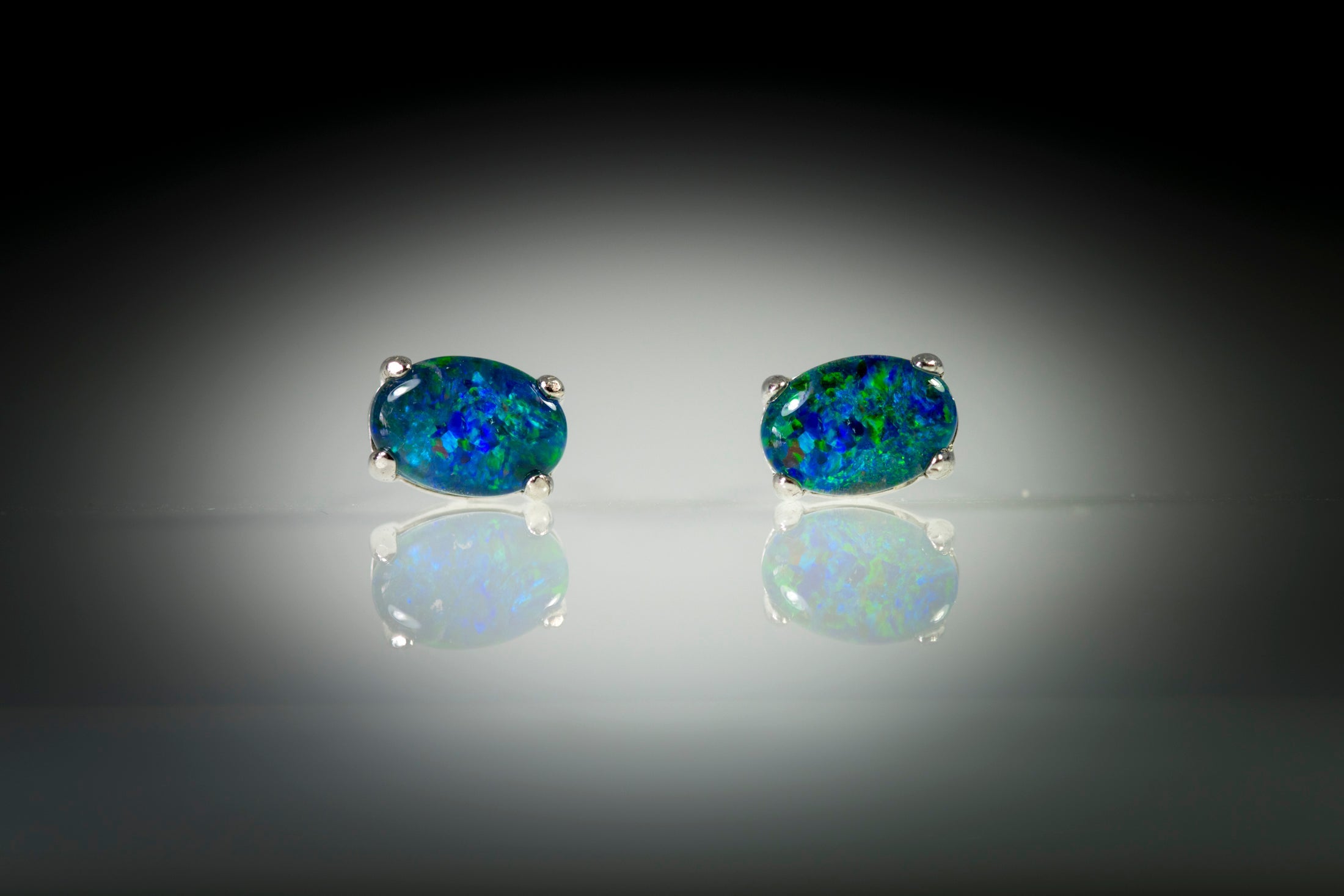 Australian Triplet Opal Earrings - Green Blue Simple Design Opal - Genuine Australian Triplet Opal Earrings in Sterling Silver White Gold Plated