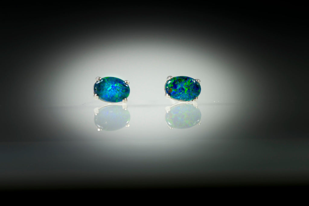 Australian Triplet Opal Earrings - Green Blue Simple Design Opal - Genuine Australian Triplet Opal Earrings in Sterling Silver White Gold Plated