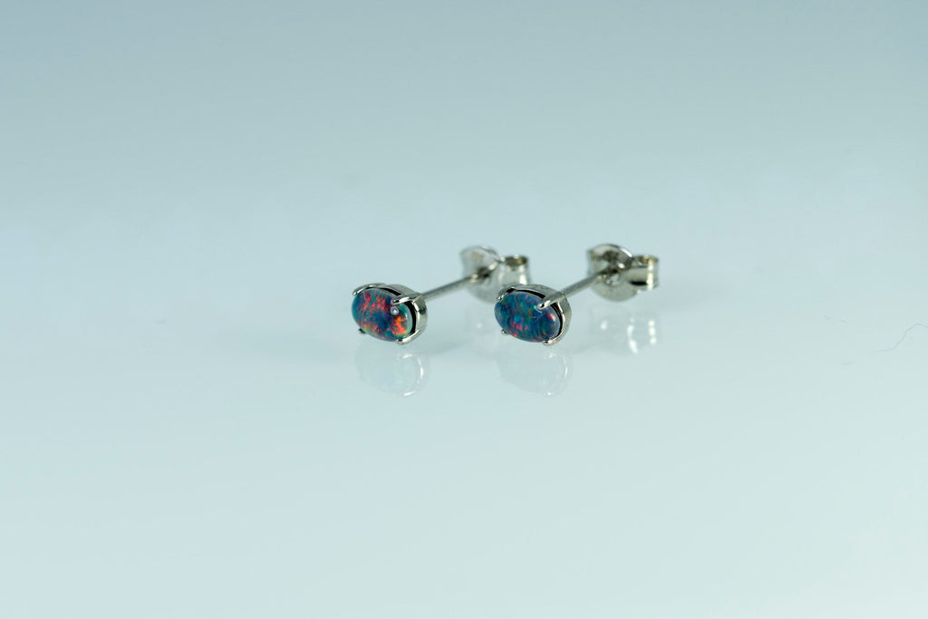 Dainty Australian Triplet Opal Earrings - Multi Color Fire Opal - Genuine Australian Triplet Opal Earrings in Sterling Silver White Gold Plated