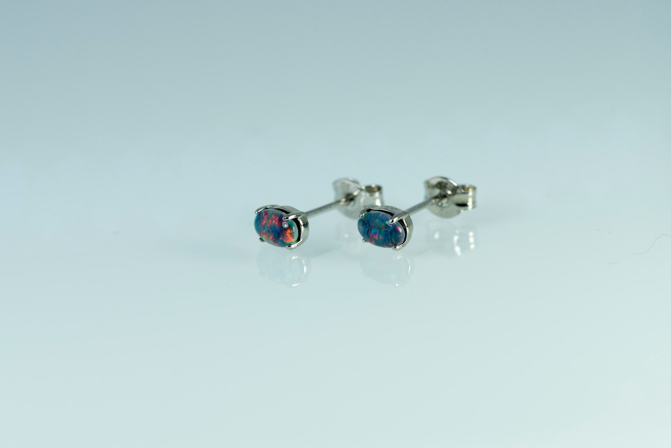 Dainty Australian Triplet Opal Earrings - Multi Color Fire Opal - Genuine Australian Triplet Opal Earrings in Sterling Silver White Gold Plated