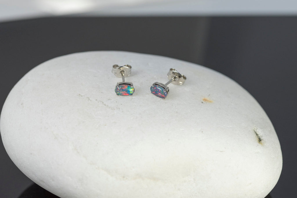 Dainty Australian Triplet Opal Earrings - Multi Color Fire Opal - Genuine Australian Triplet Opal Earrings in Sterling Silver White Gold Plated
