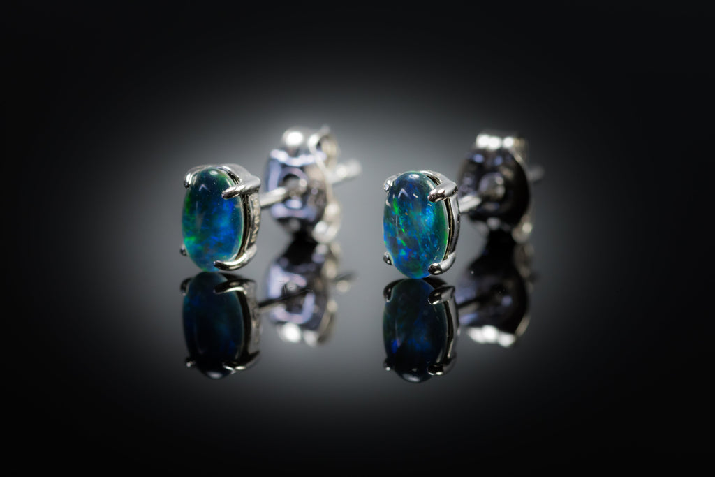 Australian Triplet Opal Earrings - Green Blue Simple Design Opal - Genuine Australian Triplet Opal Earrings in Sterling Silver White Gold Plated