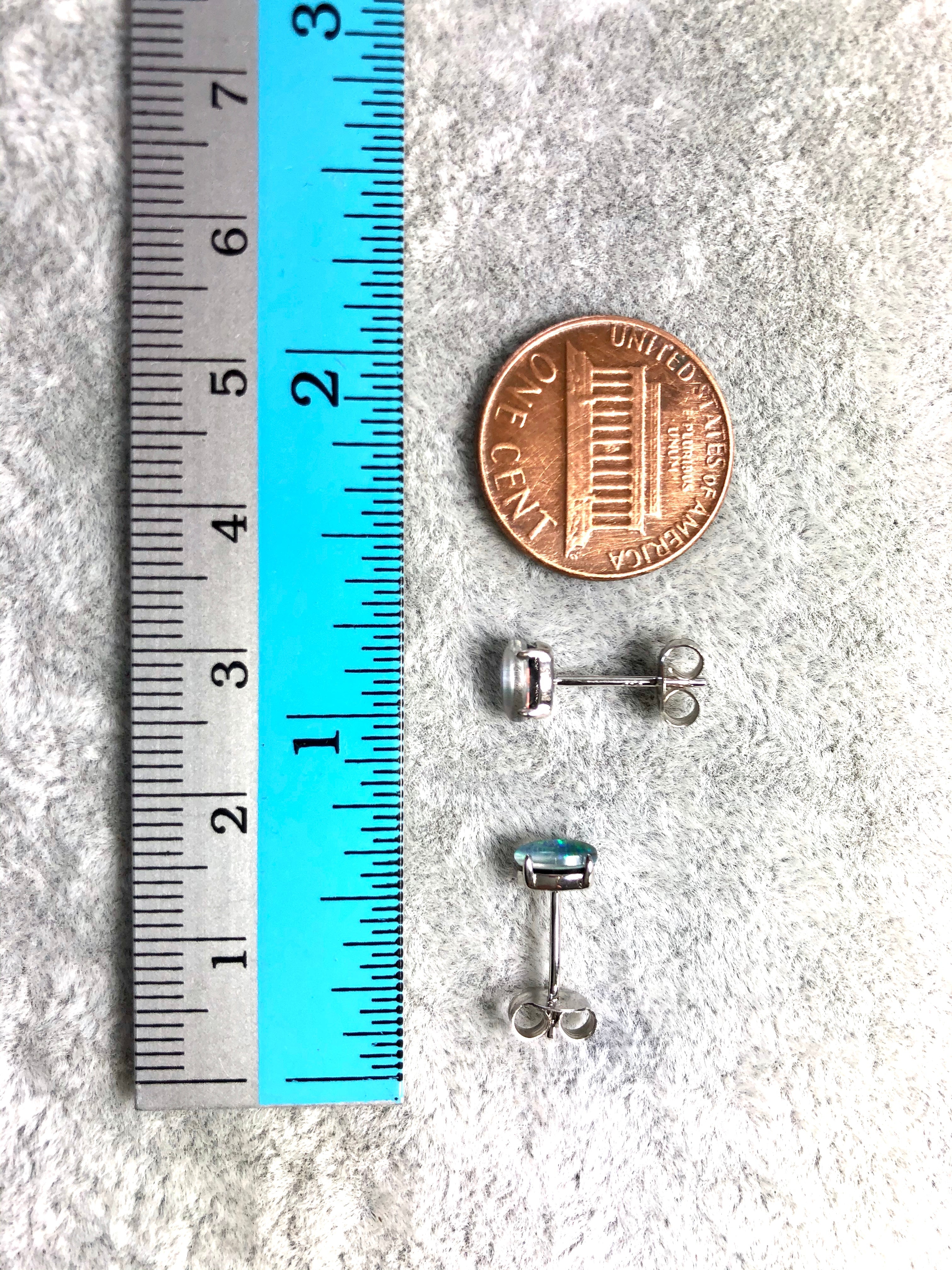 Dainty Australian Triplet Opal Earrings - Green Blue Fire Opal - Genuine Australian Triplet Opal Earrings in Sterling Silver White Gold Plated Simple Design