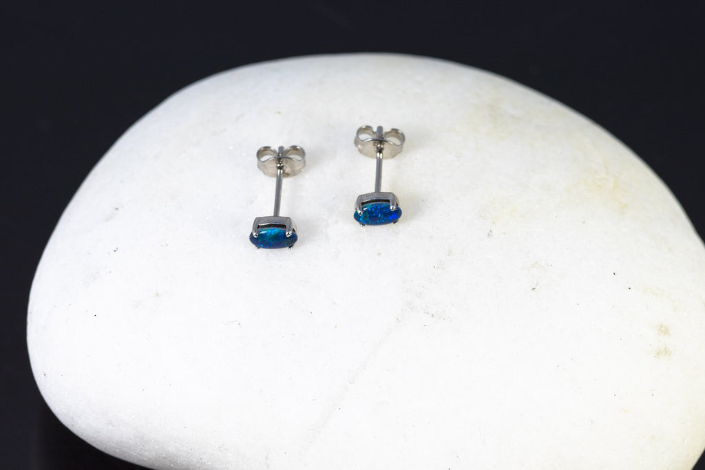 Dainty Australian Triplet Opal Earrings - Green Blue Fire Opal - Genuine Australian Triplet Opal Earrings in Sterling Silver White Gold Plated Simple Design