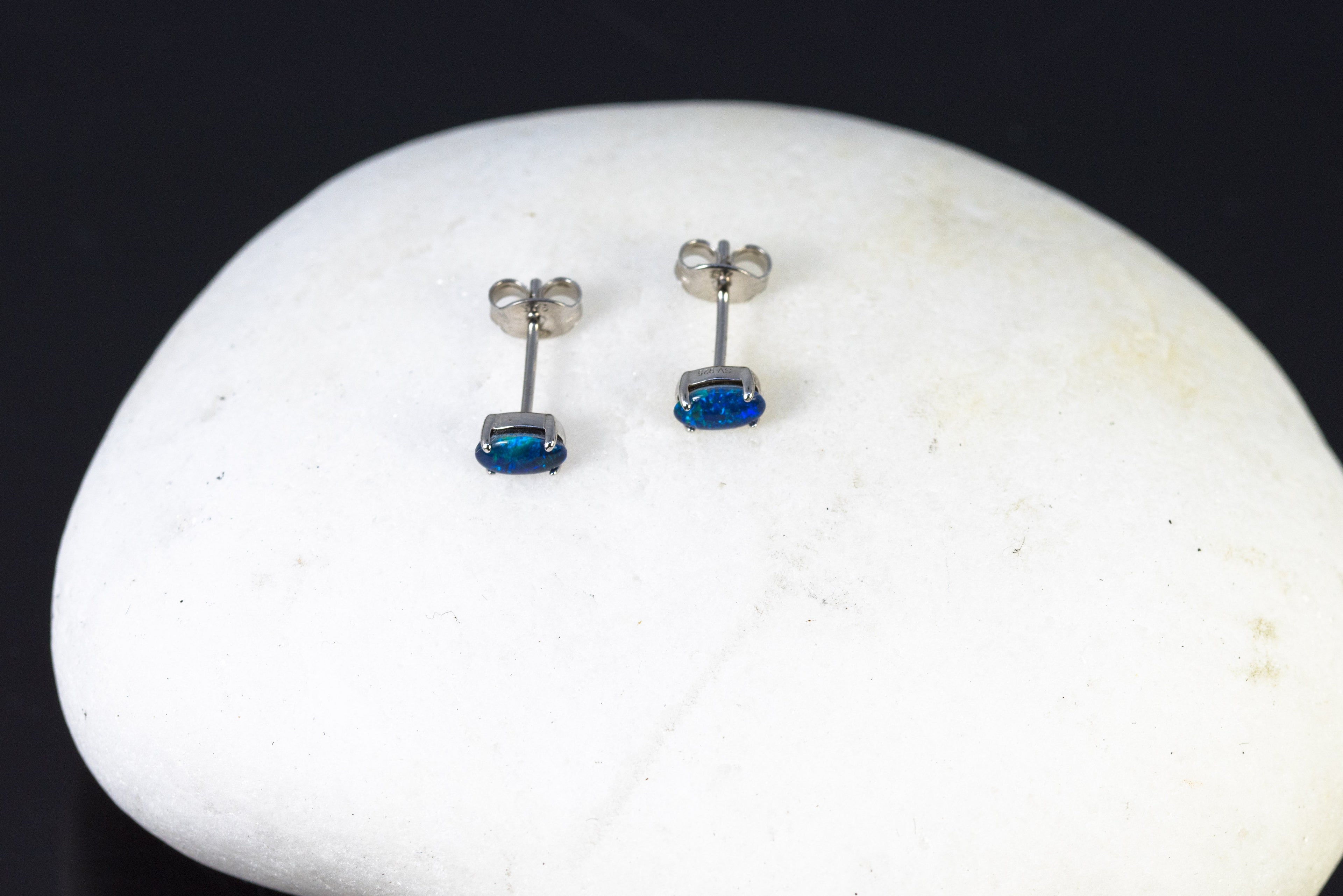 Dainty Australian Triplet Opal Earrings - Green Blue Fire Opal - Genuine Australian Triplet Opal Earrings in Sterling Silver White Gold Plated Simple Design