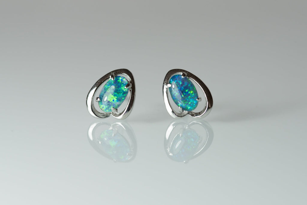 Dainty Australian Opal - Green Blue Colour Stud Opal Earrings- Genuine Australian Triplet Opal Earrings in Sterling Silver White Gold Plated