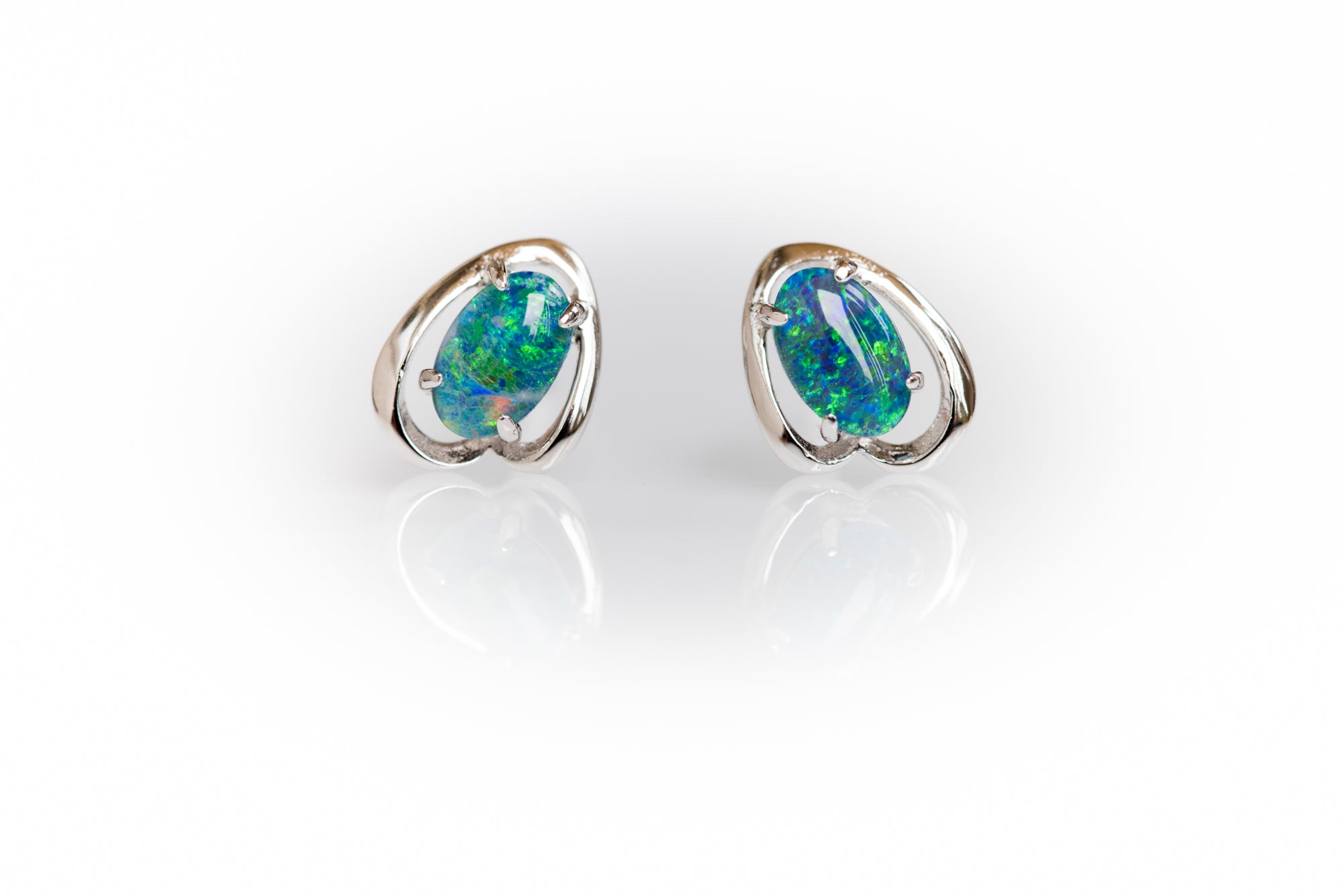 Dainty Australian Opal - Green Blue Colour Stud Opal Earrings- Genuine Australian Triplet Opal Earrings in Sterling Silver White Gold Plated