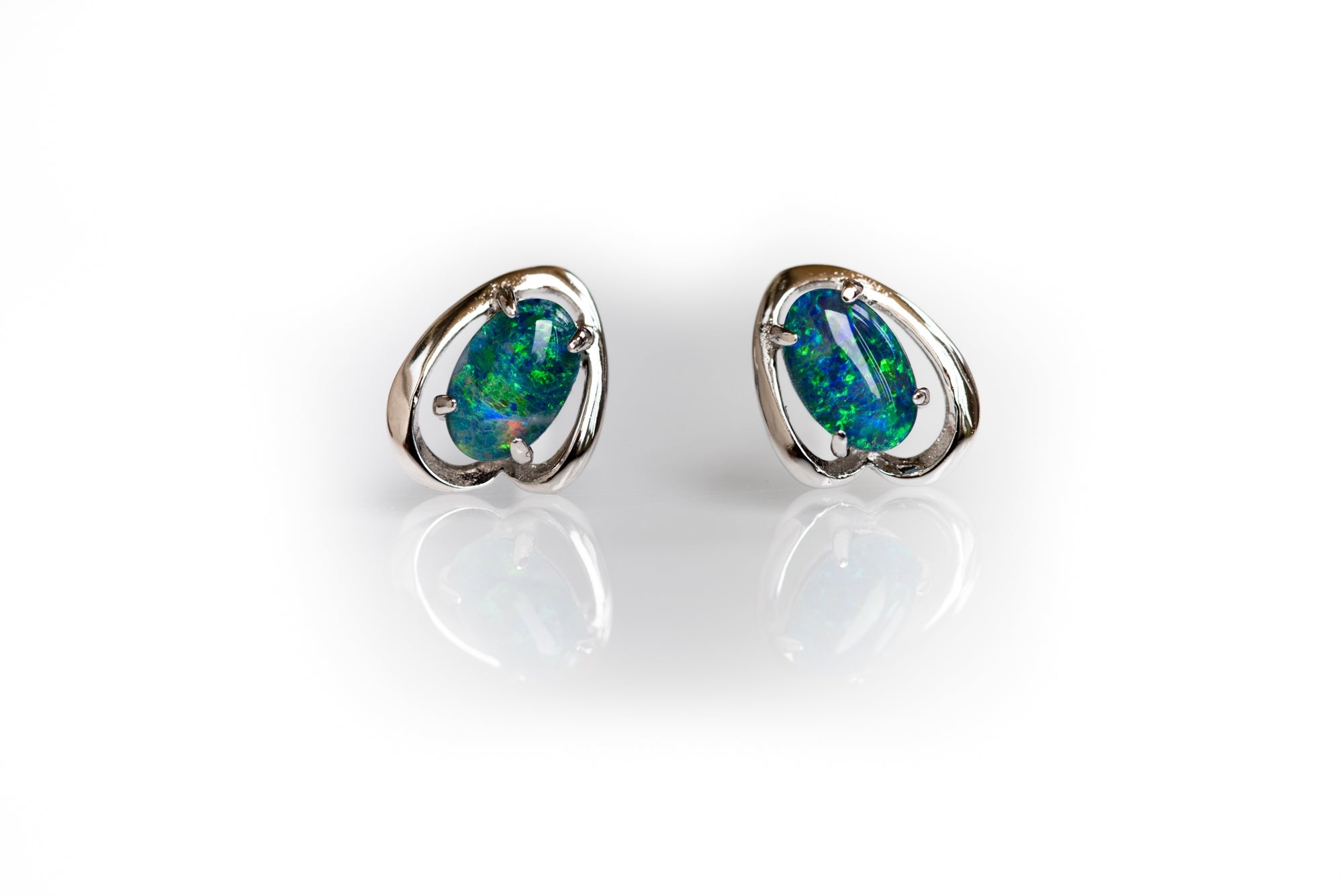 Dainty Australian Opal - Green Blue Colour Stud Opal Earrings- Genuine Australian Triplet Opal Earrings in Sterling Silver White Gold Plated