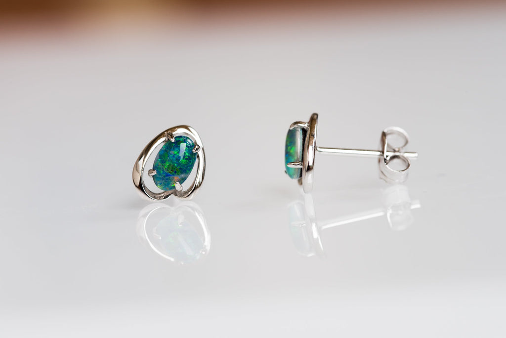 Dainty Australian Opal - Green Blue Colour Stud Opal Earrings- Genuine Australian Triplet Opal Earrings in Sterling Silver White Gold Plated