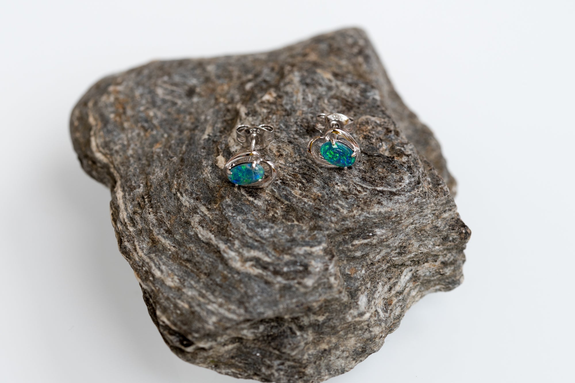 Dainty Australian Opal - Green Blue Colour Stud Opal Earrings- Genuine Australian Triplet Opal Earrings in Sterling Silver White Gold Plated