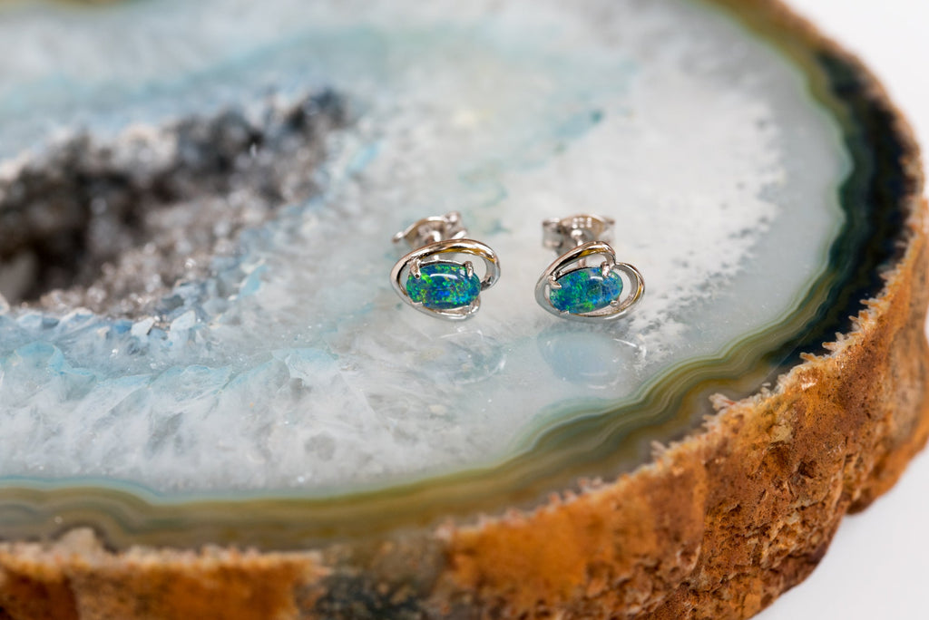 Dainty Australian Opal - Green Blue Colour Stud Opal Earrings- Genuine Australian Triplet Opal Earrings in Sterling Silver White Gold Plated