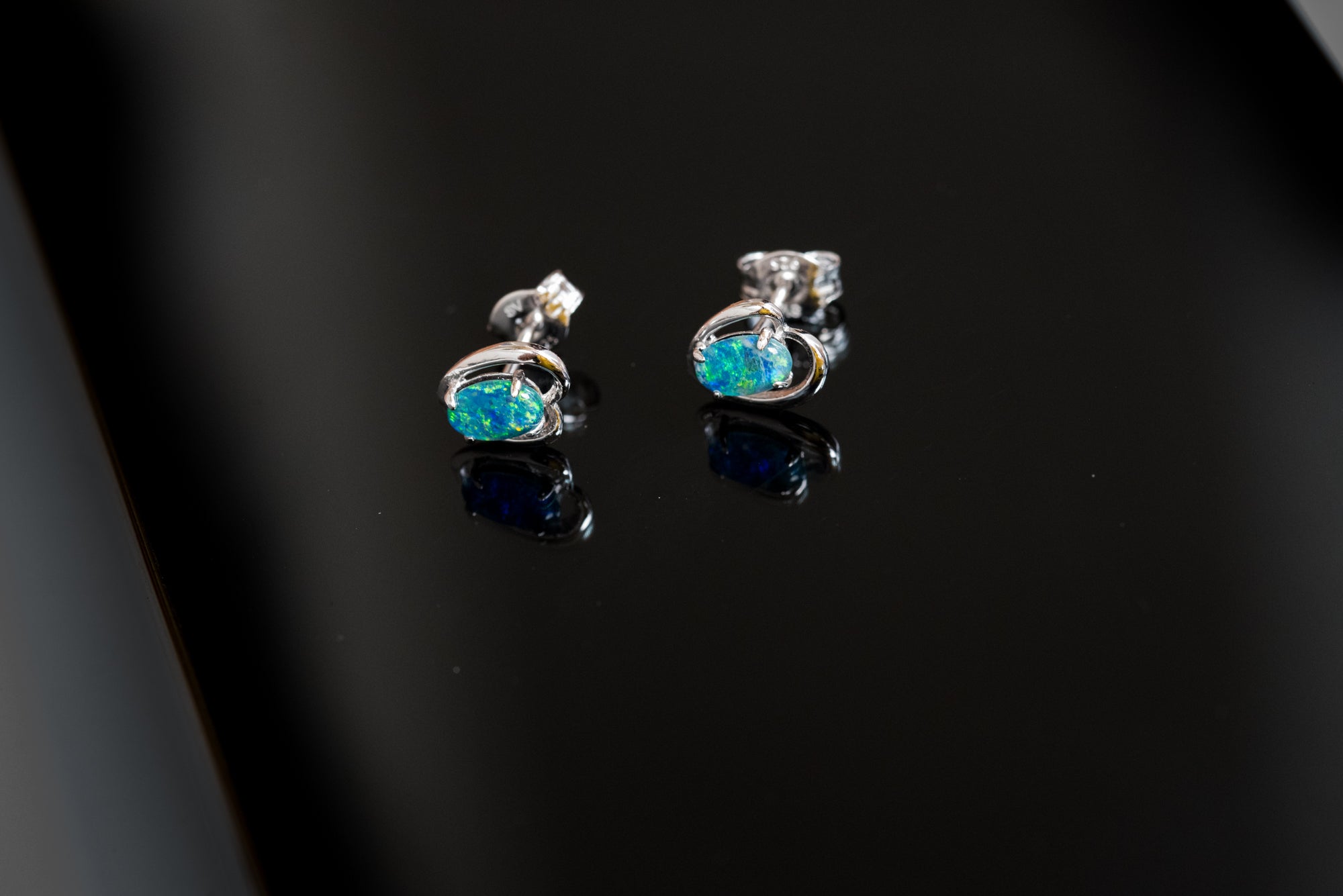 Dainty Australian Opal - Green Blue Colour Stud Opal Earrings- Genuine Australian Triplet Opal Earrings in Sterling Silver White Gold Plated