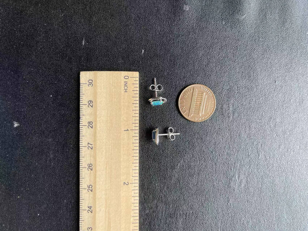 Dainty Australian Opal - Green Blue Colour Stud Opal Earrings- Genuine Australian Triplet Opal Earrings in Sterling Silver White Gold Plated