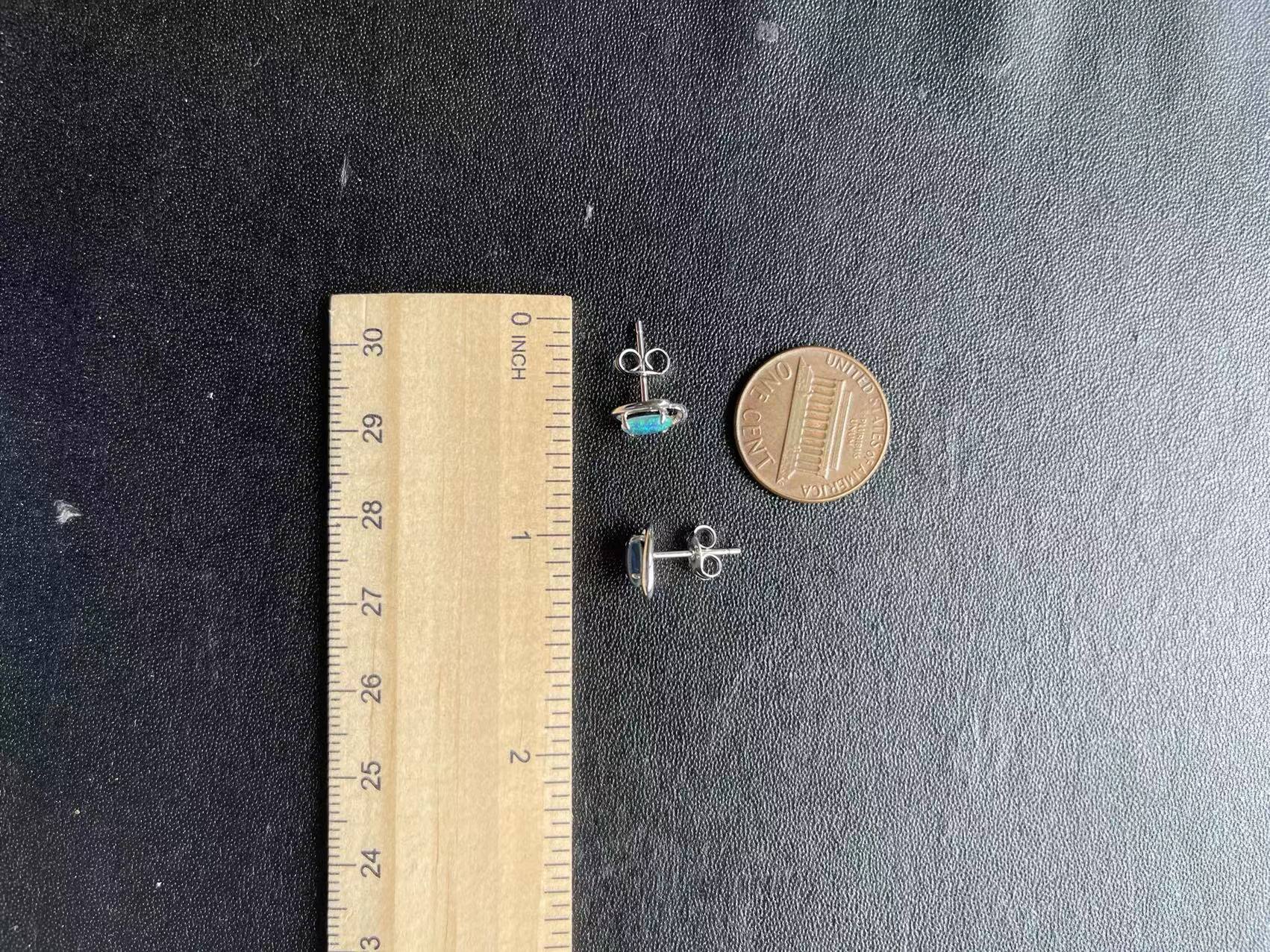 Dainty Australian Opal - Green Blue Colour Stud Opal Earrings- Genuine Australian Triplet Opal Earrings in Sterling Silver White Gold Plated