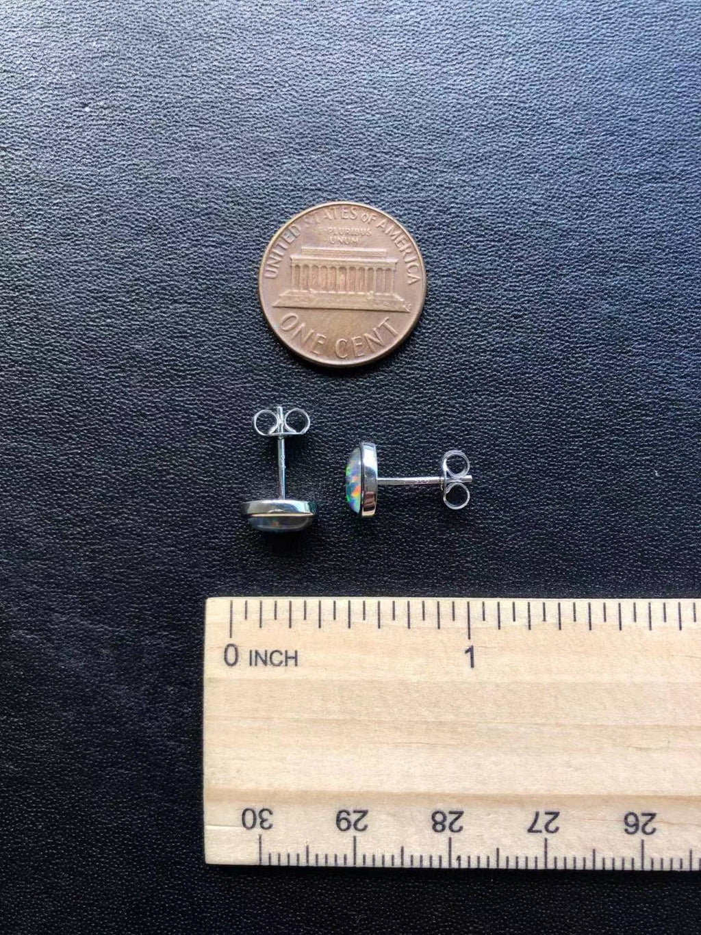 Australian Triplet Opal Earrings - Green Blue Stud Opal - Genuine Australian Triplet Opal Earrings in Sterling Silver White Gold Plated