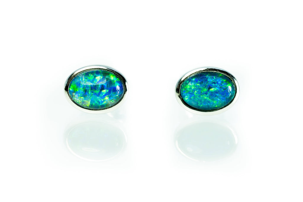 Australian Triplet Opal Earrings - Green Blue Stud Opal - Genuine Australian Triplet Opal Earrings in Sterling Silver White Gold Plated