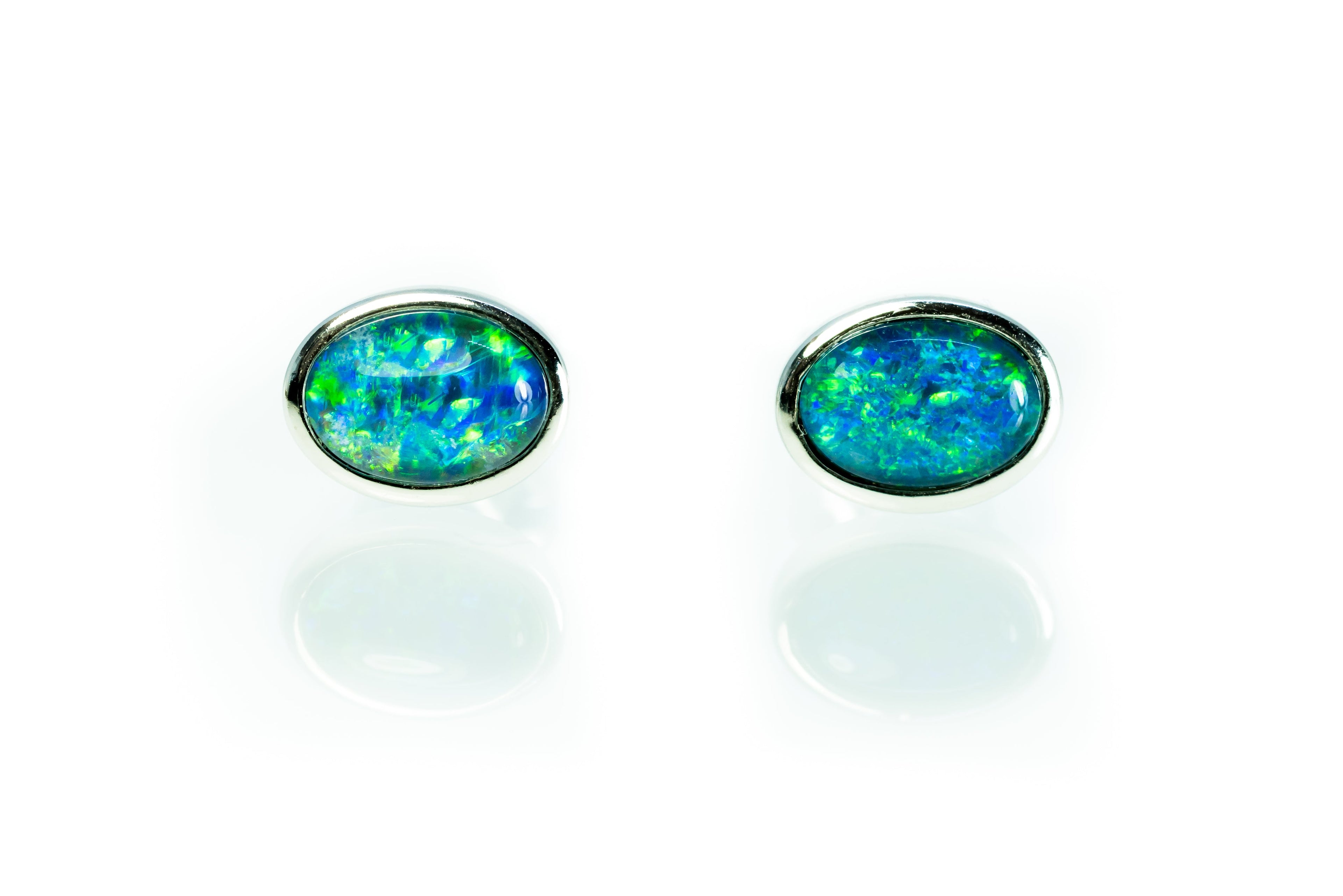 Australian Triplet Opal Earrings - Green Blue Stud Opal - Genuine Australian Triplet Opal Earrings in Sterling Silver White Gold Plated