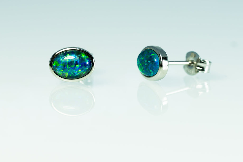Australian Triplet Opal Earrings - Green Blue Stud Opal - Genuine Australian Triplet Opal Earrings in Sterling Silver White Gold Plated