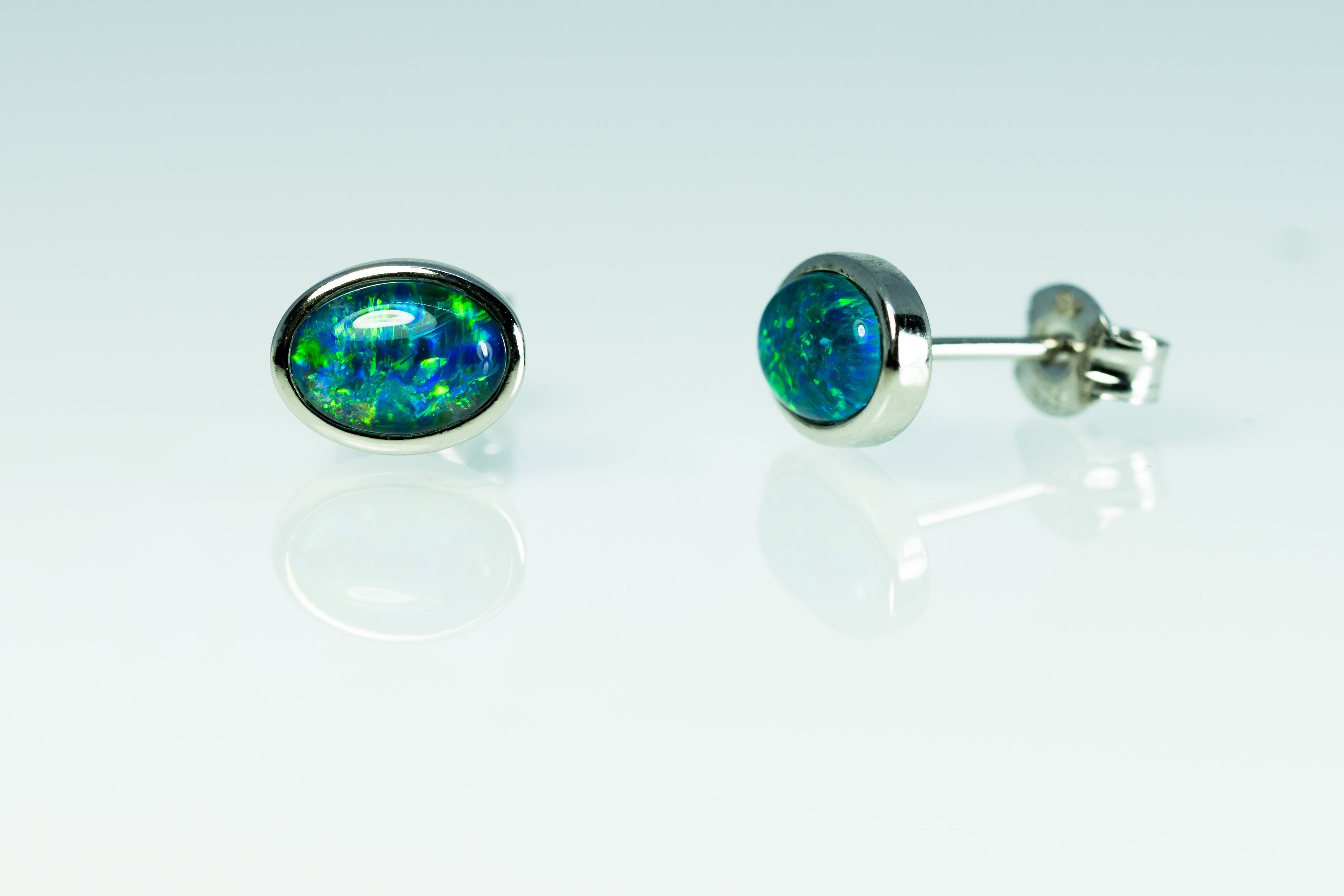 Australian Triplet Opal Earrings - Green Blue Stud Opal - Genuine Australian Triplet Opal Earrings in Sterling Silver White Gold Plated