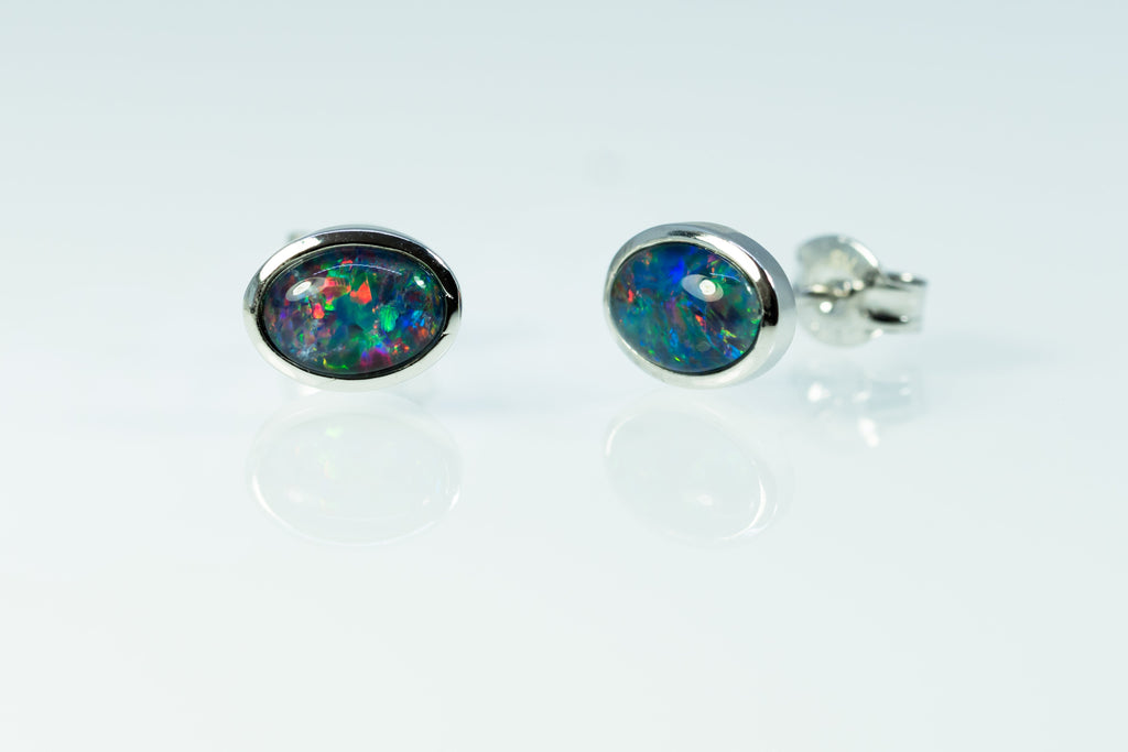 Australian Opal Earrings - Multi Colour Opal - Genuine Australian Triplet Opal Earrings in Sterling Silver White Gold Plated