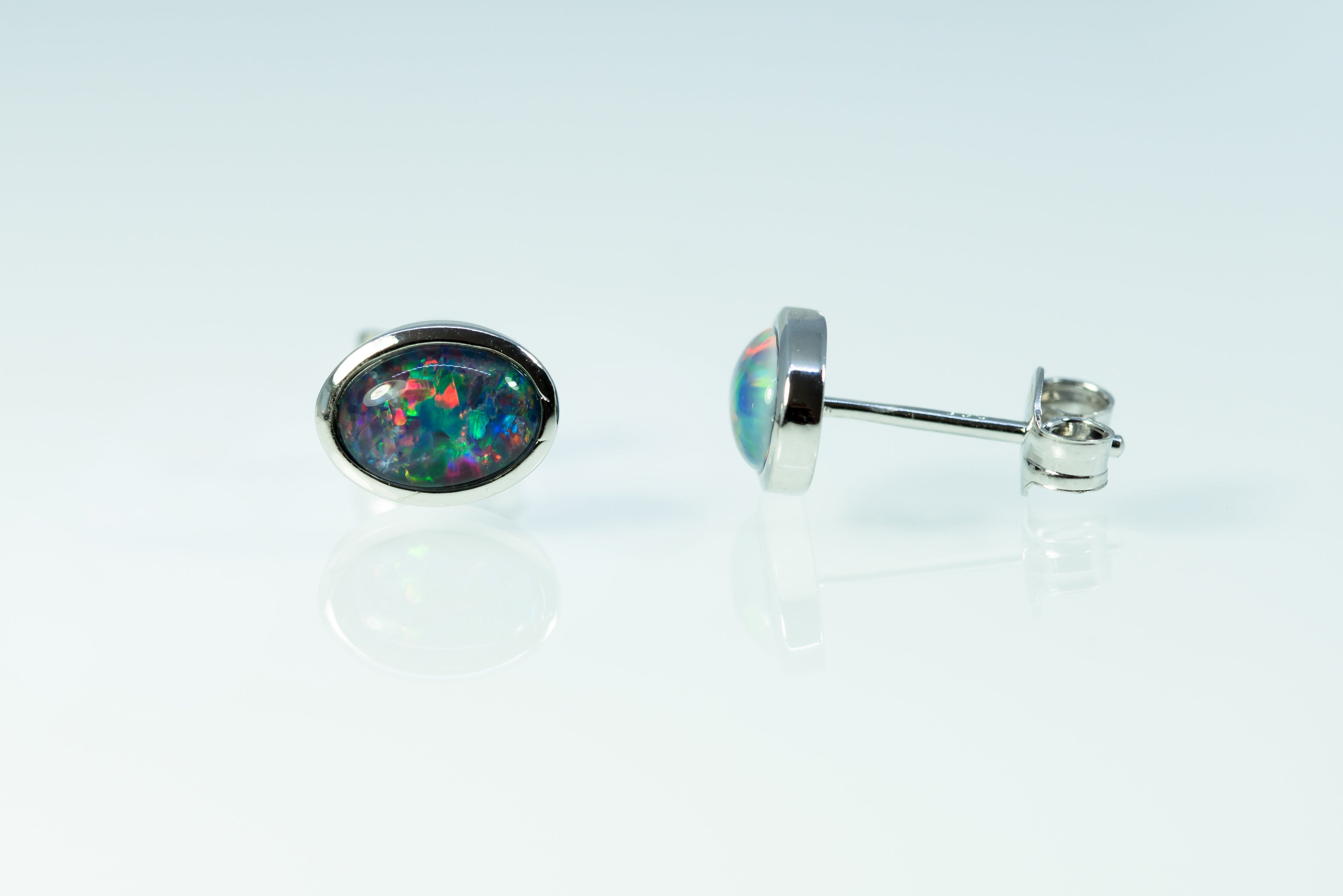 Australian Opal Earrings - Multi Colour Opal - Genuine Australian Triplet Opal Earrings in Sterling Silver White Gold Plated
