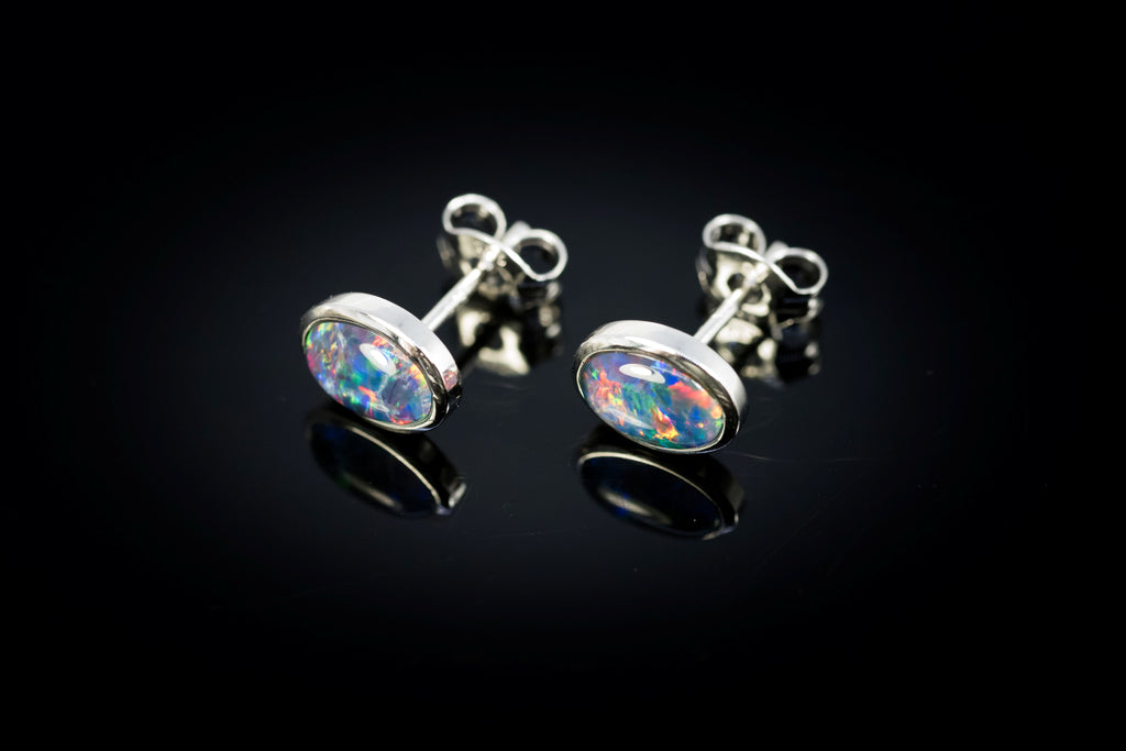 Australian Opal Earrings - Multi Colour Opal - Genuine Australian Triplet Opal Earrings in Sterling Silver White Gold Plated