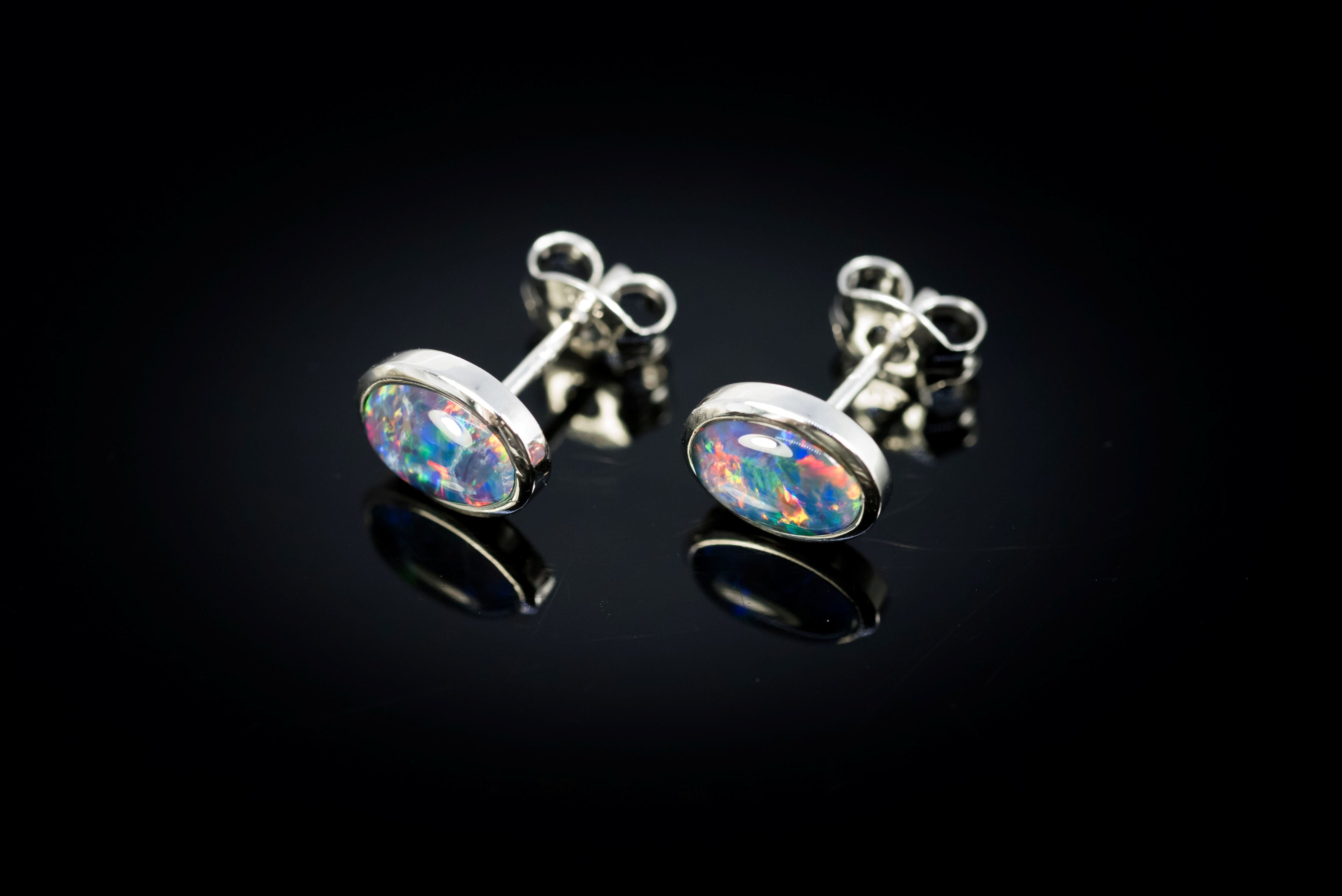 Australian Opal Earrings - Multi Colour Opal - Genuine Australian Triplet Opal Earrings in Sterling Silver White Gold Plated