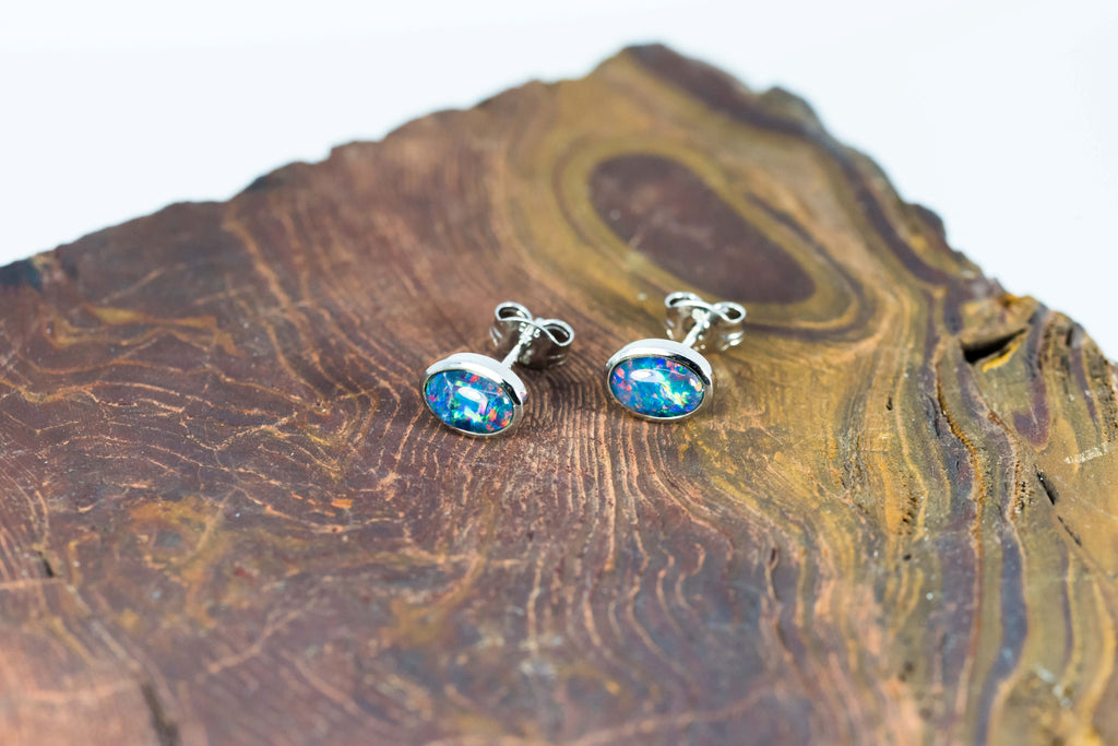 Australian Opal Earrings - Multi Colour Opal - Genuine Australian Triplet Opal Earrings in Sterling Silver White Gold Plated