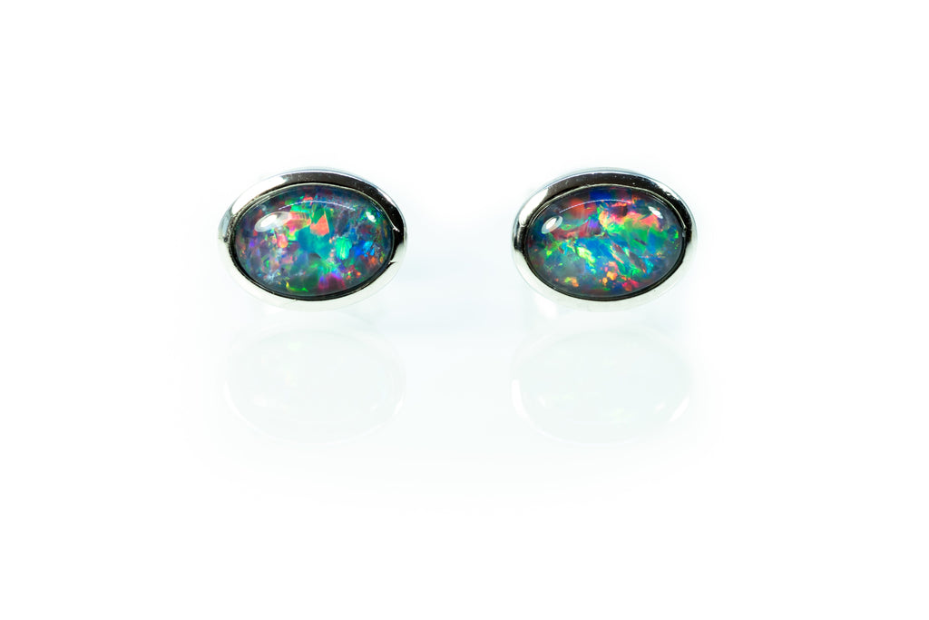 Australian Opal Earrings - Multi Colour Opal - Genuine Australian Triplet Opal Earrings in Sterling Silver White Gold Plated