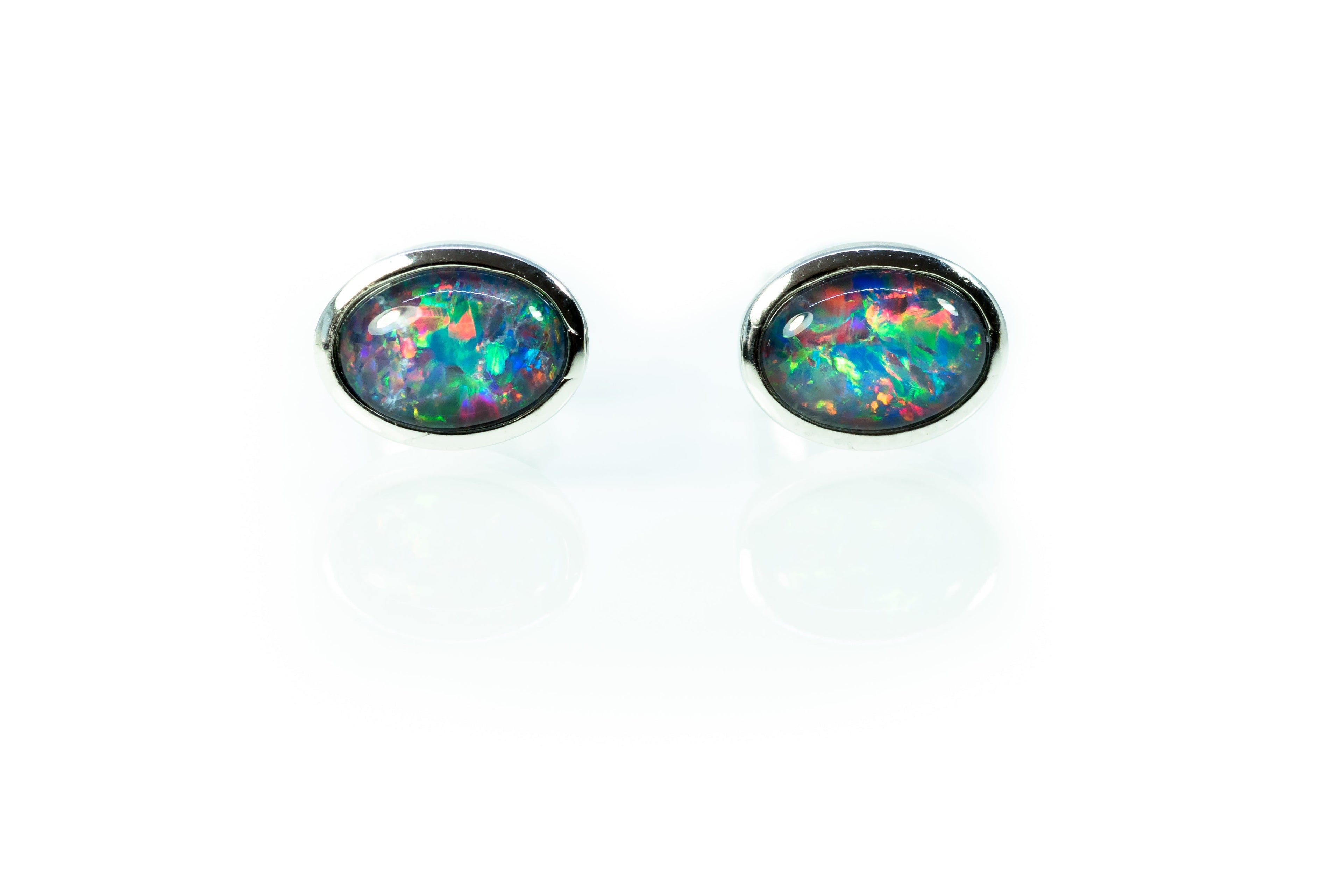 Australian Opal Earrings - Multi Colour Opal - Genuine Australian Triplet Opal Earrings in Sterling Silver White Gold Plated