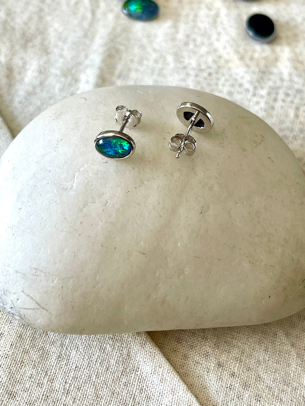 Australian Triplet Opal Earrings - Green Blue Stud Opal - Genuine Australian Triplet Opal Earrings in Sterling Silver White Gold Plated