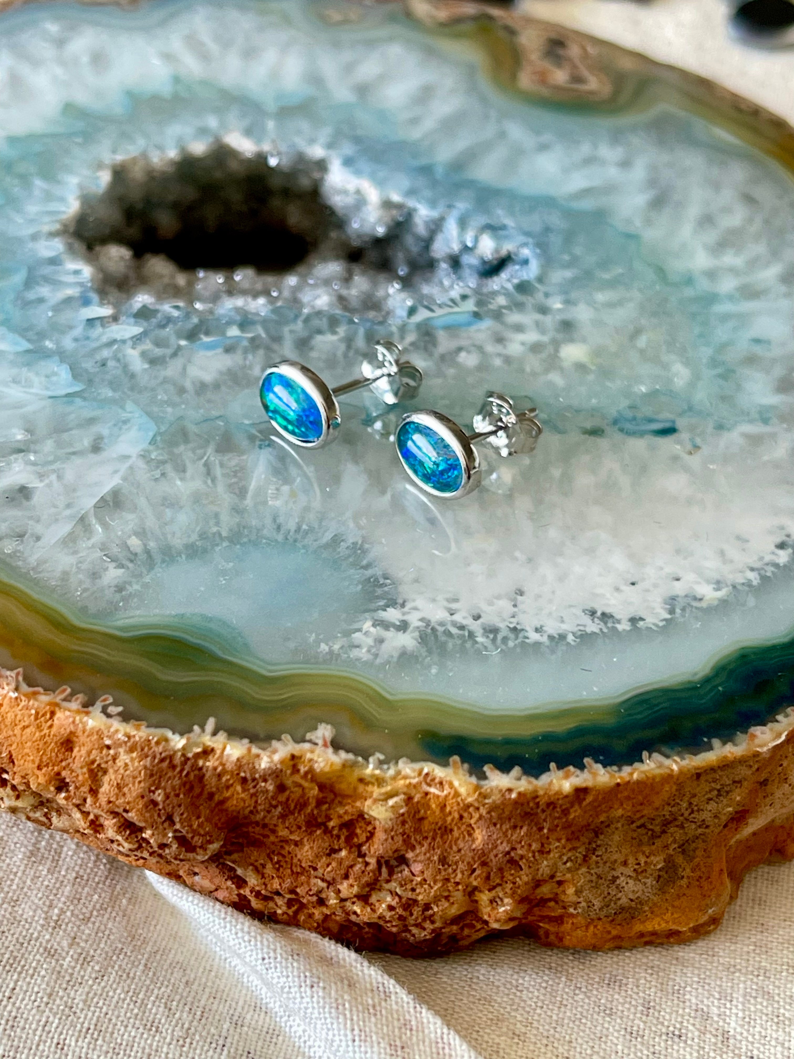 Australian Triplet Opal Earrings - Green Blue Stud Opal - Genuine Australian Triplet Opal Earrings in Sterling Silver White Gold Plated