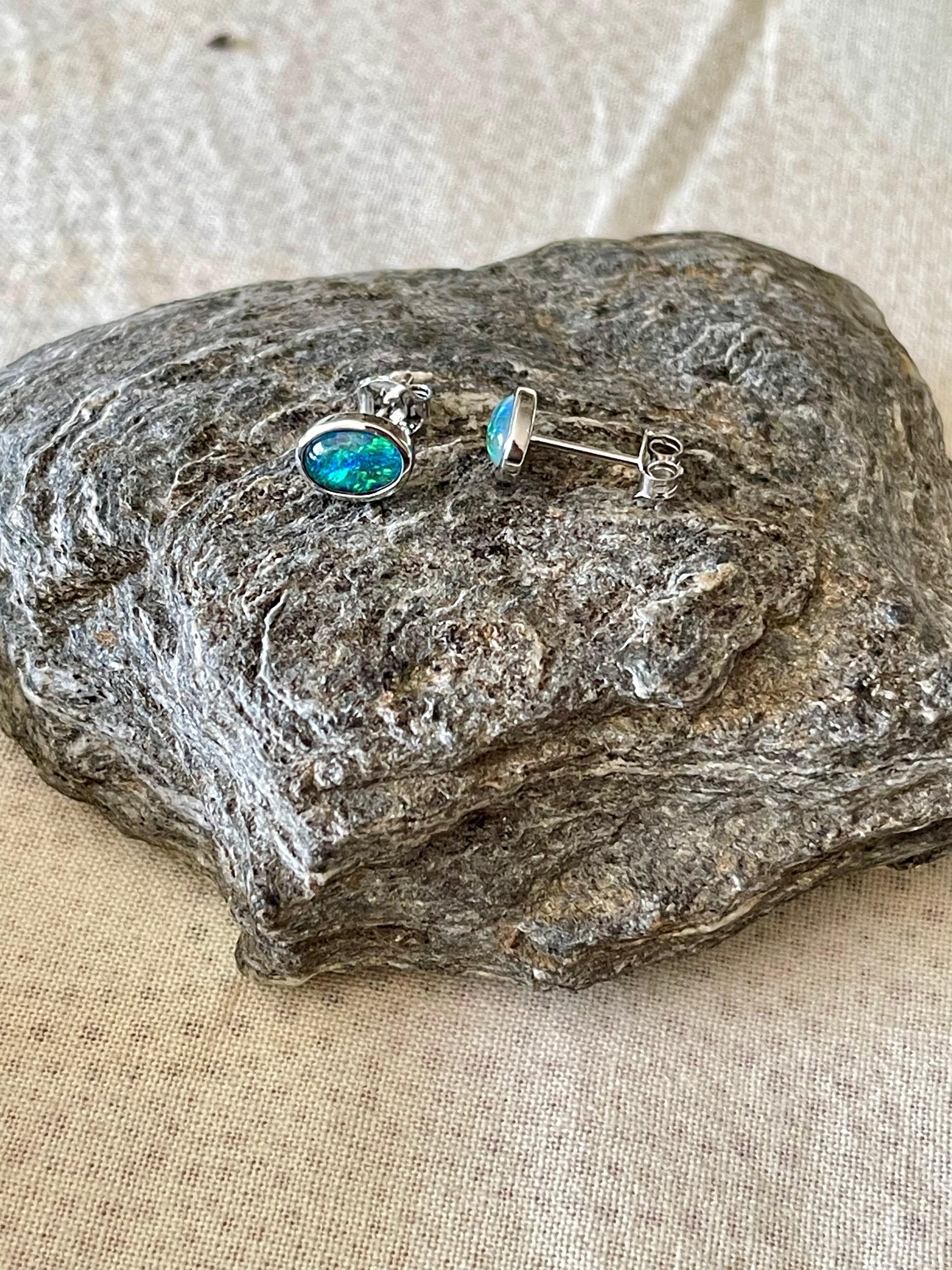 Australian Triplet Opal Earrings - Green Blue Stud Opal - Genuine Australian Triplet Opal Earrings in Sterling Silver White Gold Plated