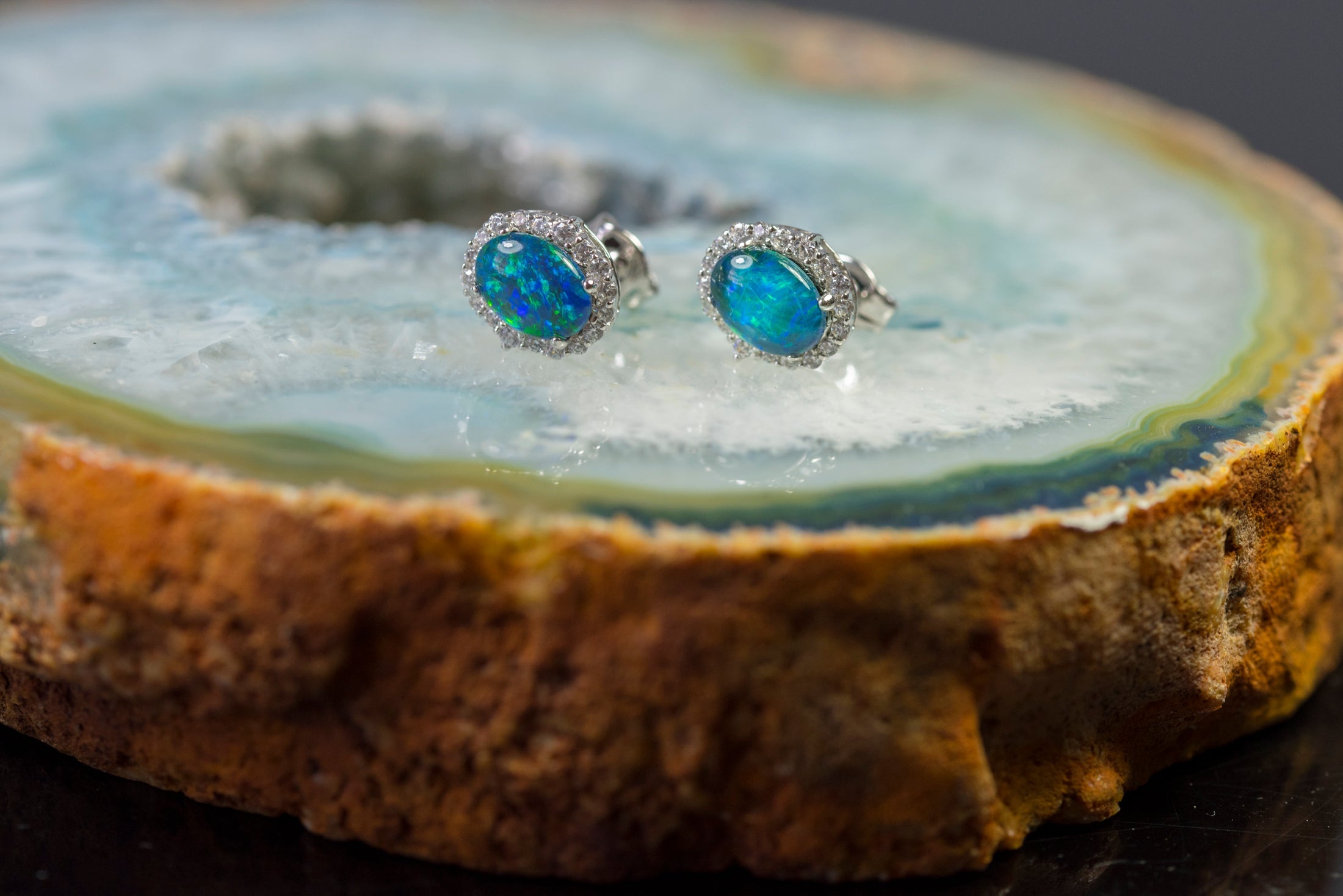 Genuine Australian Opal Earrings - Green Blue Fire Opal - Luxury Design Australian Triplet Opal Halo Cluster Earrings in Sterling Silver White Gold Plated