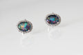 Genuine Australian Opal Earrings -Multi Color Fire Opal - Genuine Australian Triplet Opal Halo Cluster Earrings in Sterling Silver White Gold Plated