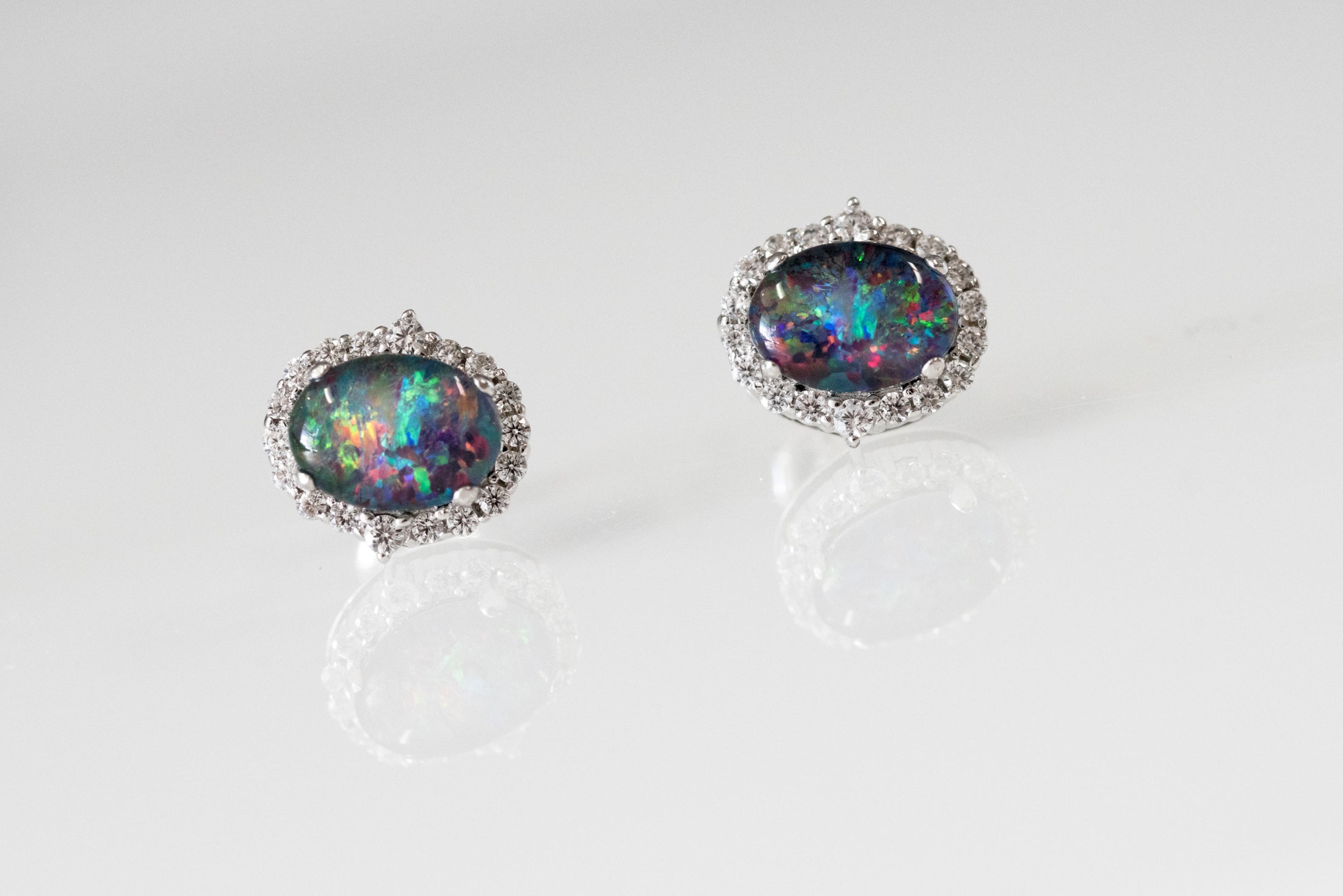 Genuine Australian Opal Earrings -Multi Color Fire Opal - Genuine Australian Triplet Opal Halo Cluster Earrings in Sterling Silver White Gold Plated