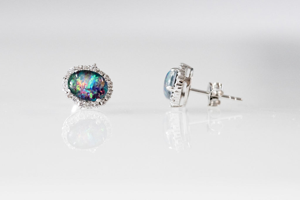 Genuine Australian Opal Earrings -Multi Color Fire Opal - Genuine Australian Triplet Opal Halo Cluster Earrings in Sterling Silver White Gold Plated