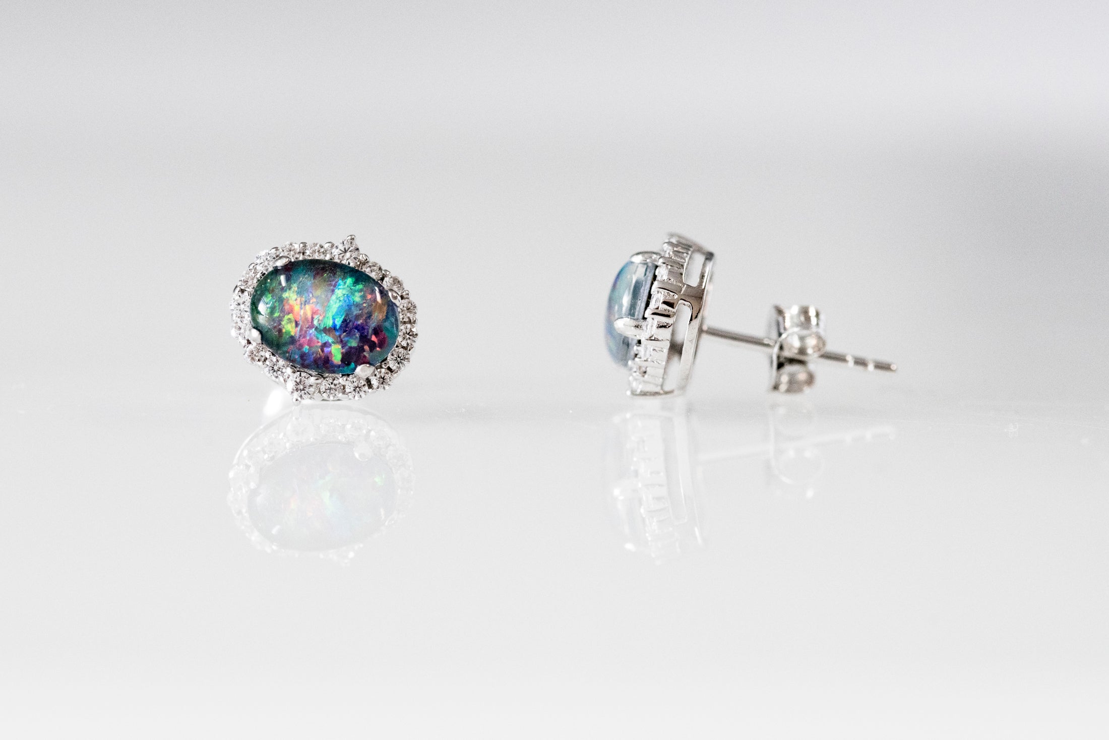 Genuine Australian Opal Earrings -Multi Color Fire Opal - Genuine Australian Triplet Opal Halo Cluster Earrings in Sterling Silver White Gold Plated