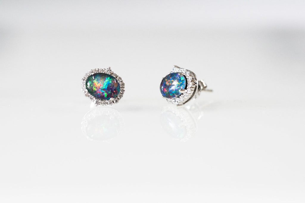 Genuine Australian Opal Earrings -Multi Color Fire Opal - Genuine Australian Triplet Opal Halo Cluster Earrings in Sterling Silver White Gold Plated