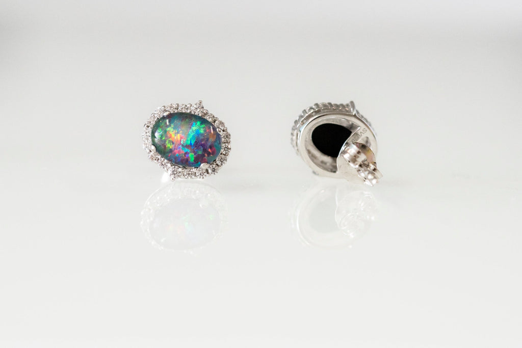 Genuine Australian Opal Earrings -Multi Color Fire Opal - Genuine Australian Triplet Opal Halo Cluster Earrings in Sterling Silver White Gold Plated