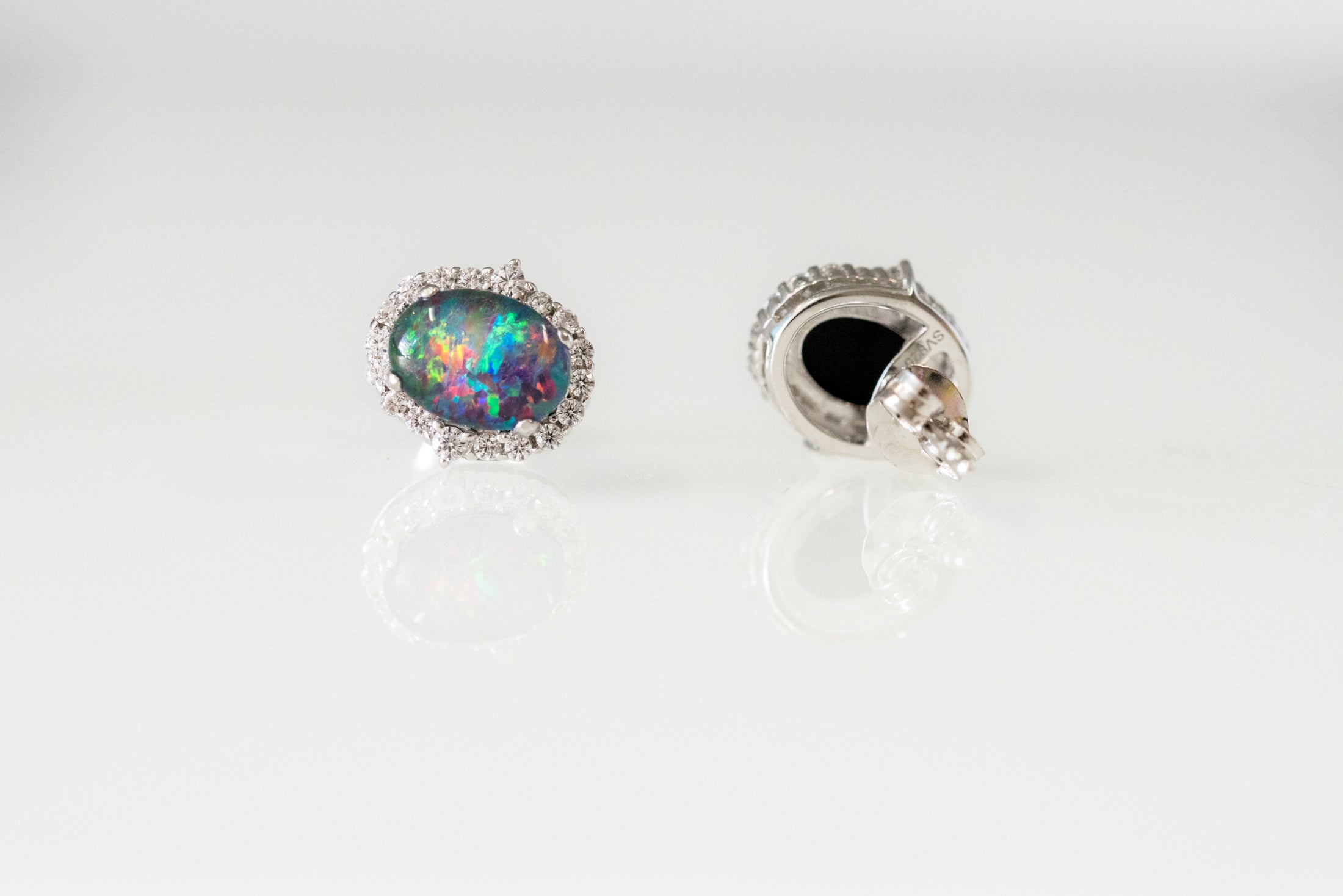 Genuine Australian Opal Earrings -Multi Color Fire Opal - Genuine Australian Triplet Opal Halo Cluster Earrings in Sterling Silver White Gold Plated