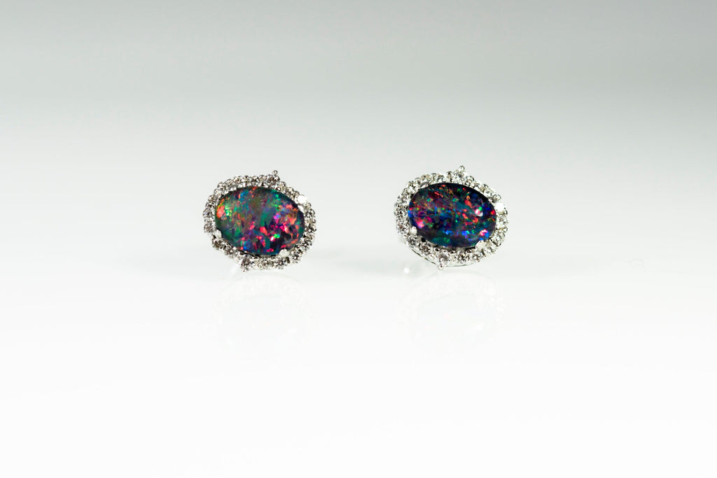 Genuine Australian Opal Earrings -Multi Color Fire Opal - Genuine Australian Triplet Opal Halo Cluster Earrings in Sterling Silver White Gold Plated