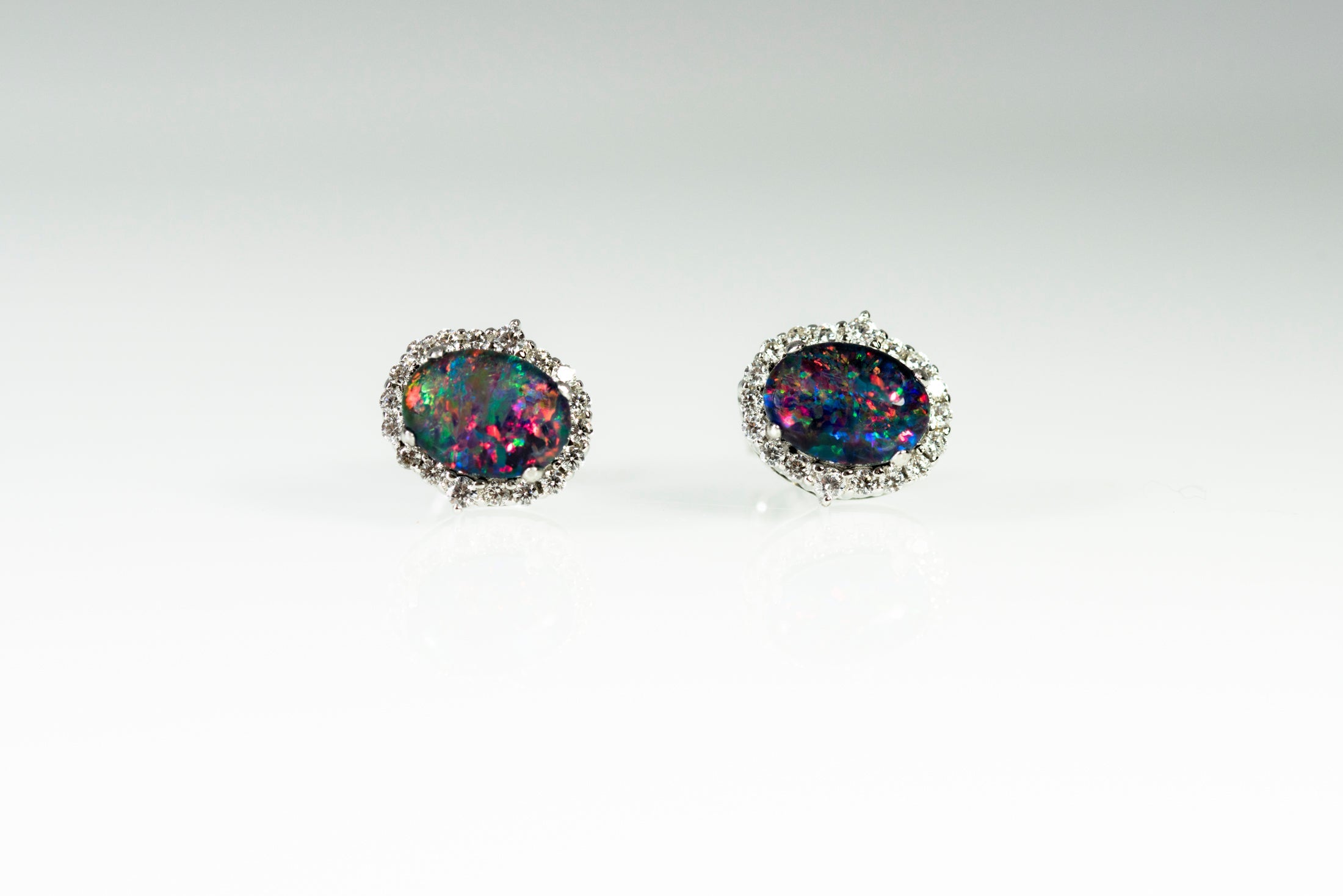 Genuine Australian Opal Earrings -Multi Color Fire Opal - Genuine Australian Triplet Opal Halo Cluster Earrings in Sterling Silver White Gold Plated