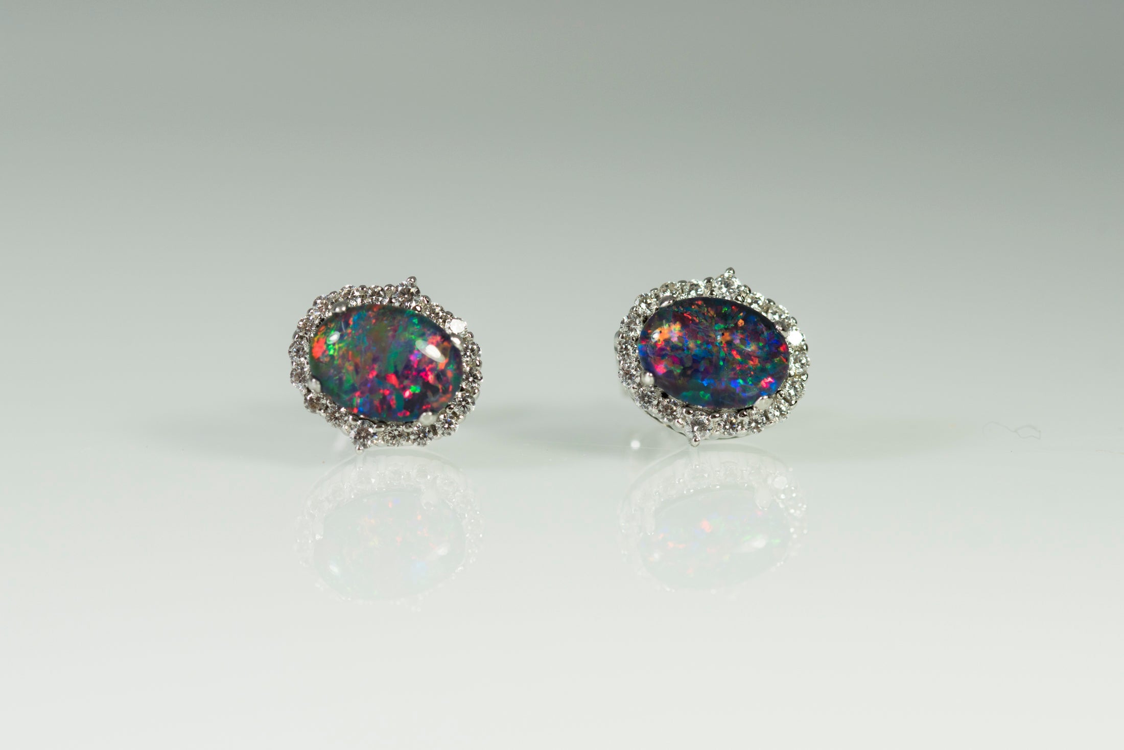 Genuine Australian Opal Earrings -Multi Color Fire Opal - Genuine Australian Triplet Opal Halo Cluster Earrings in Sterling Silver White Gold Plated